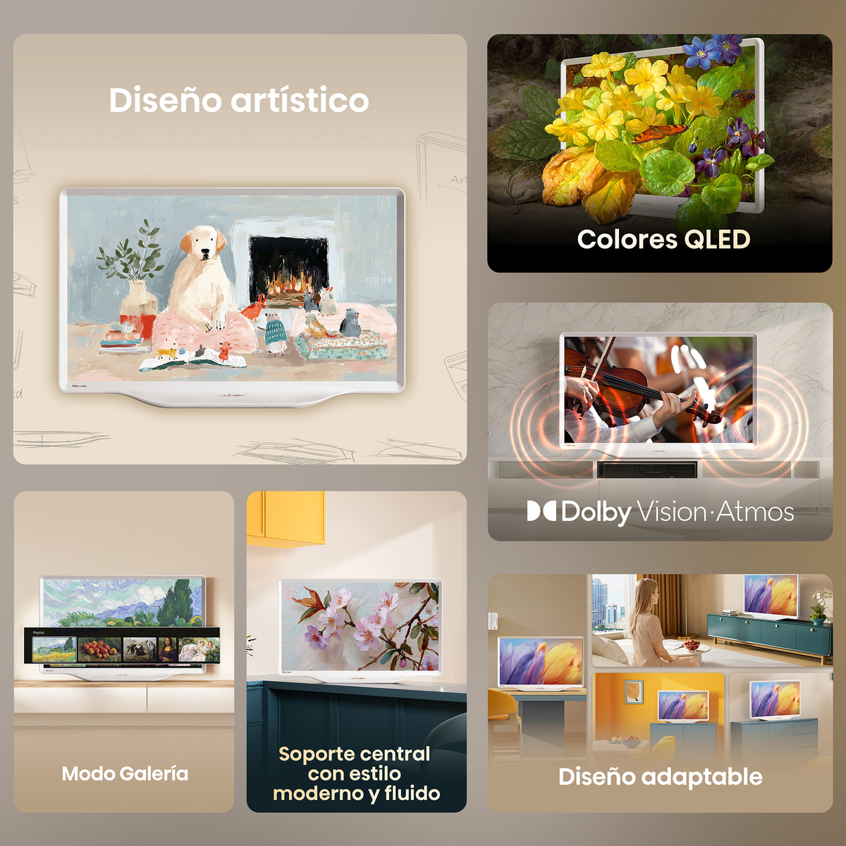 Pantalla artística de perro junto a chimenea, flores, Dolby Vision, colores QLED.