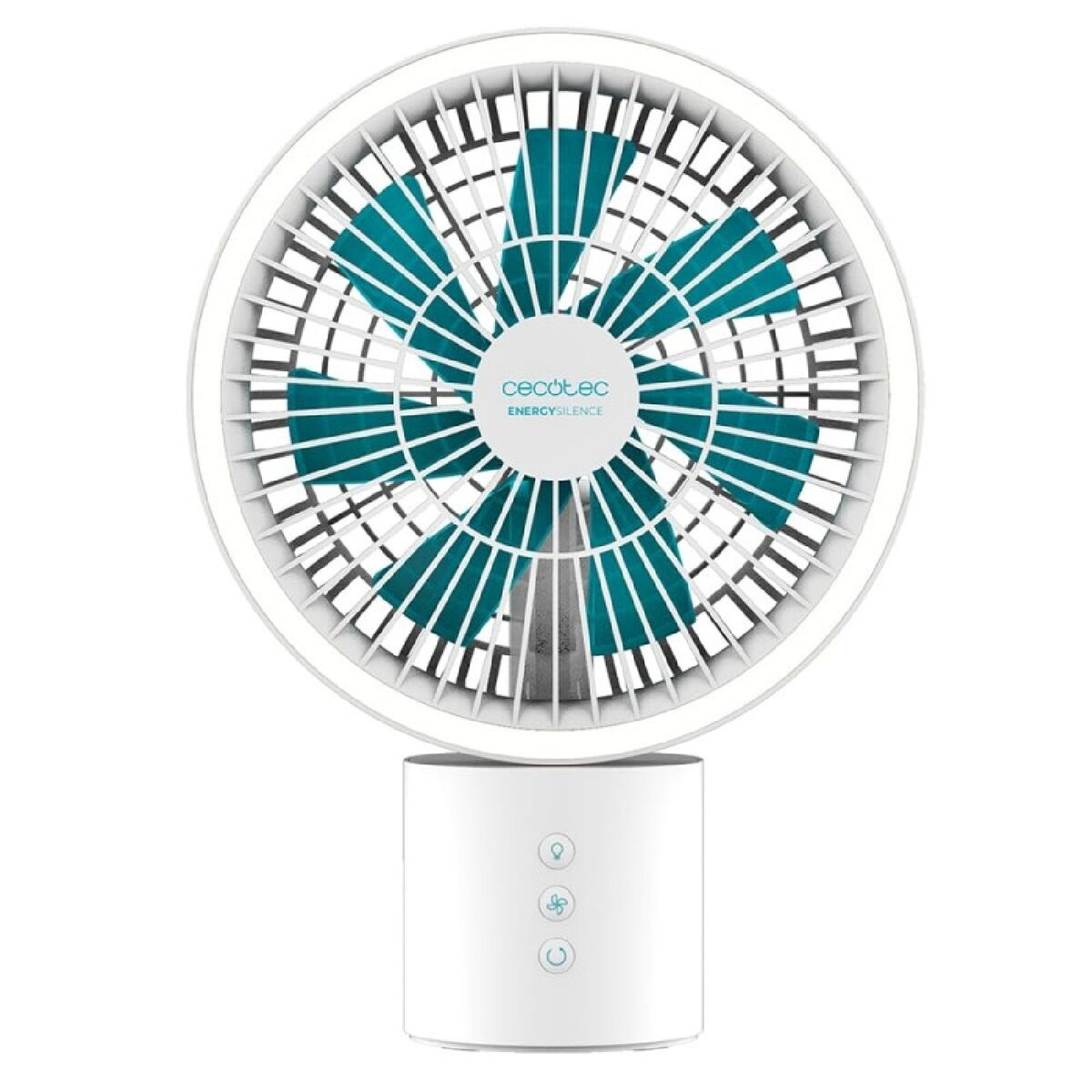 Un ventilador de escritorio blanco con aspas de color verde azulado y una base blanca con tres botones.