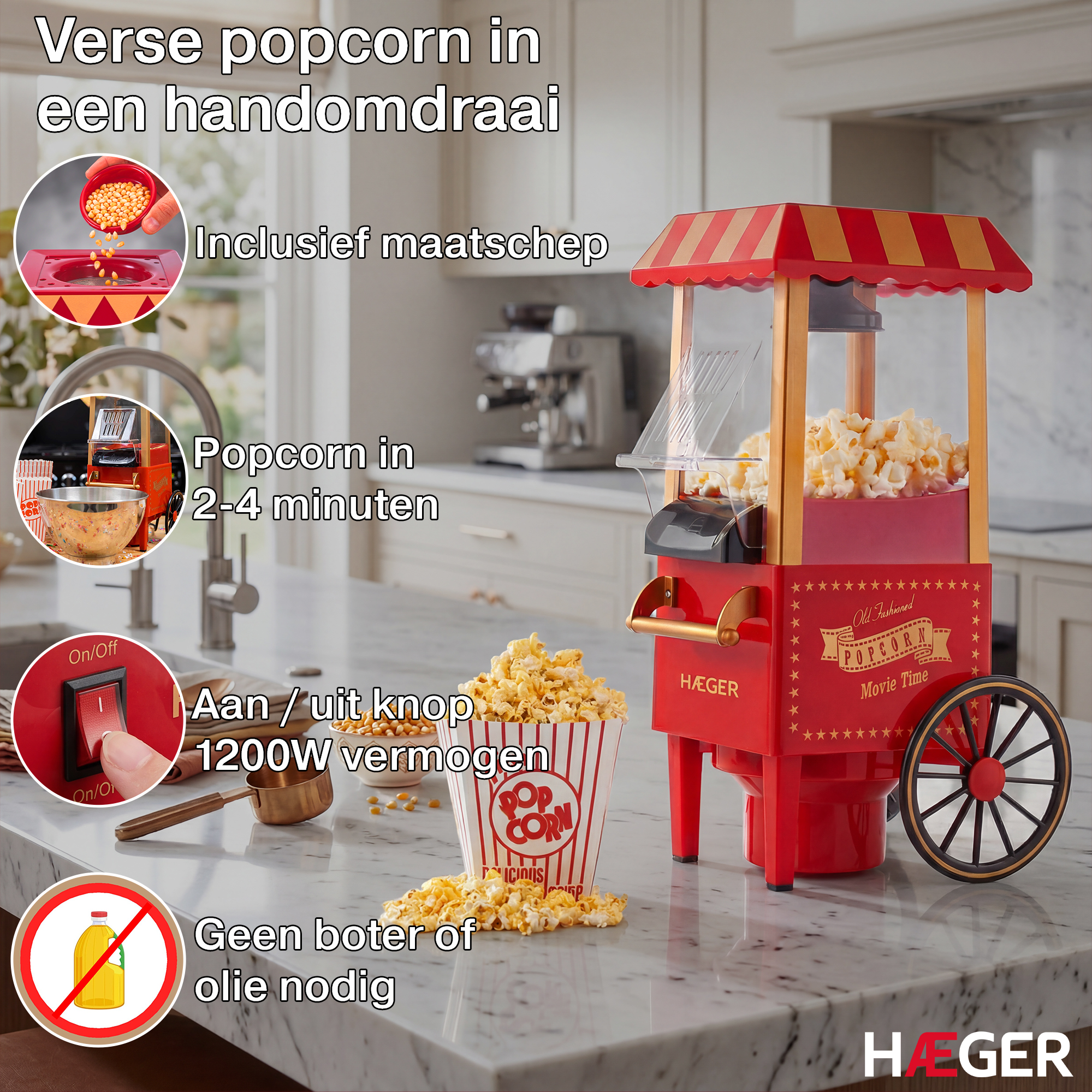 Red popcorn machine with popcorn and accessories on marble counter.