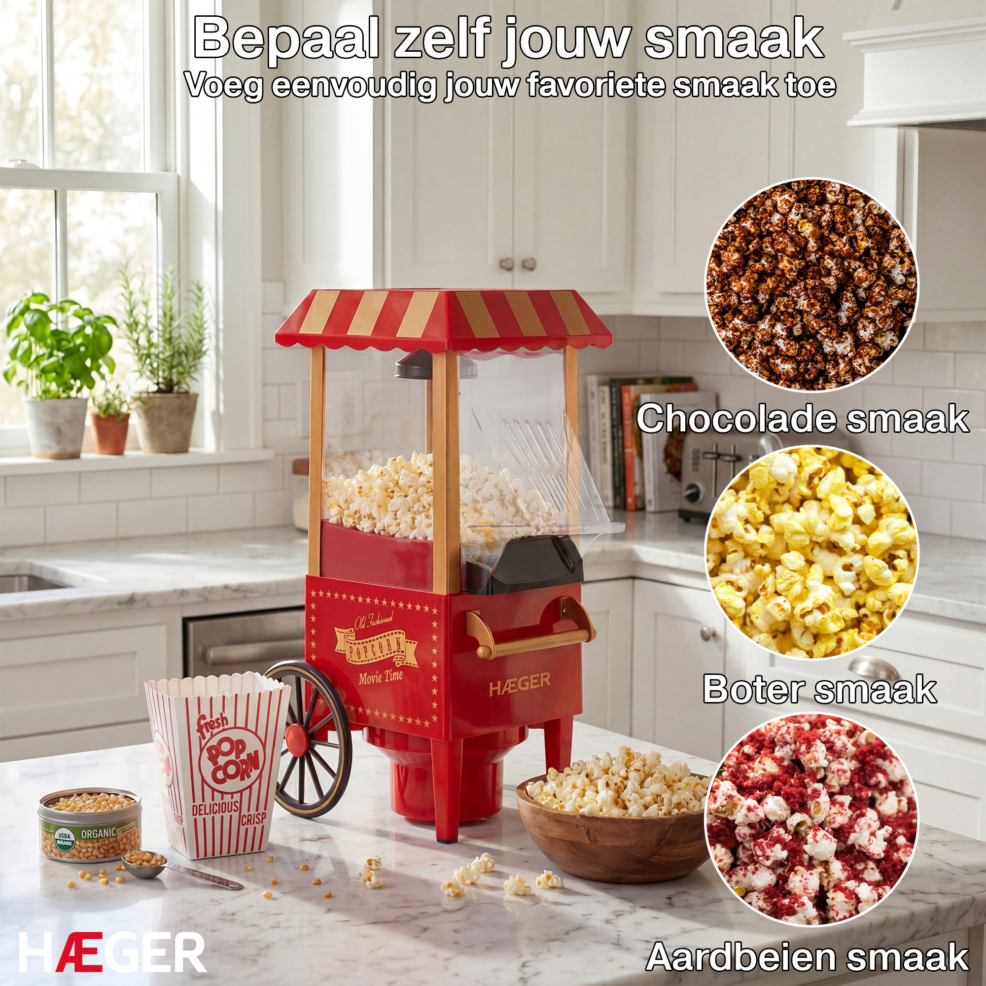 A red popcorn machine with different flavors: chocolate, butter, and strawberry.