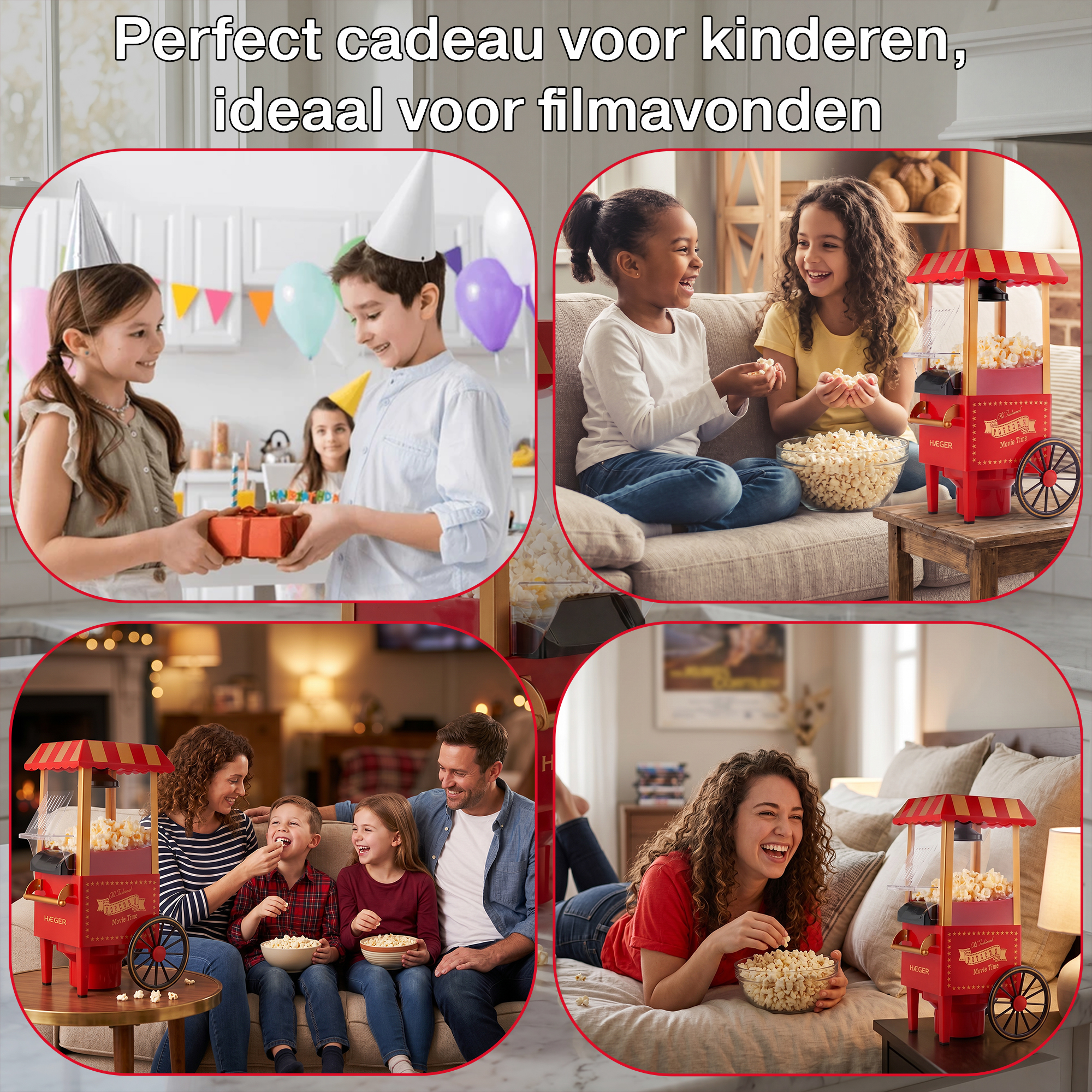 Four scenes show families and children enjoying popcorn, featuring a popcorn machine.