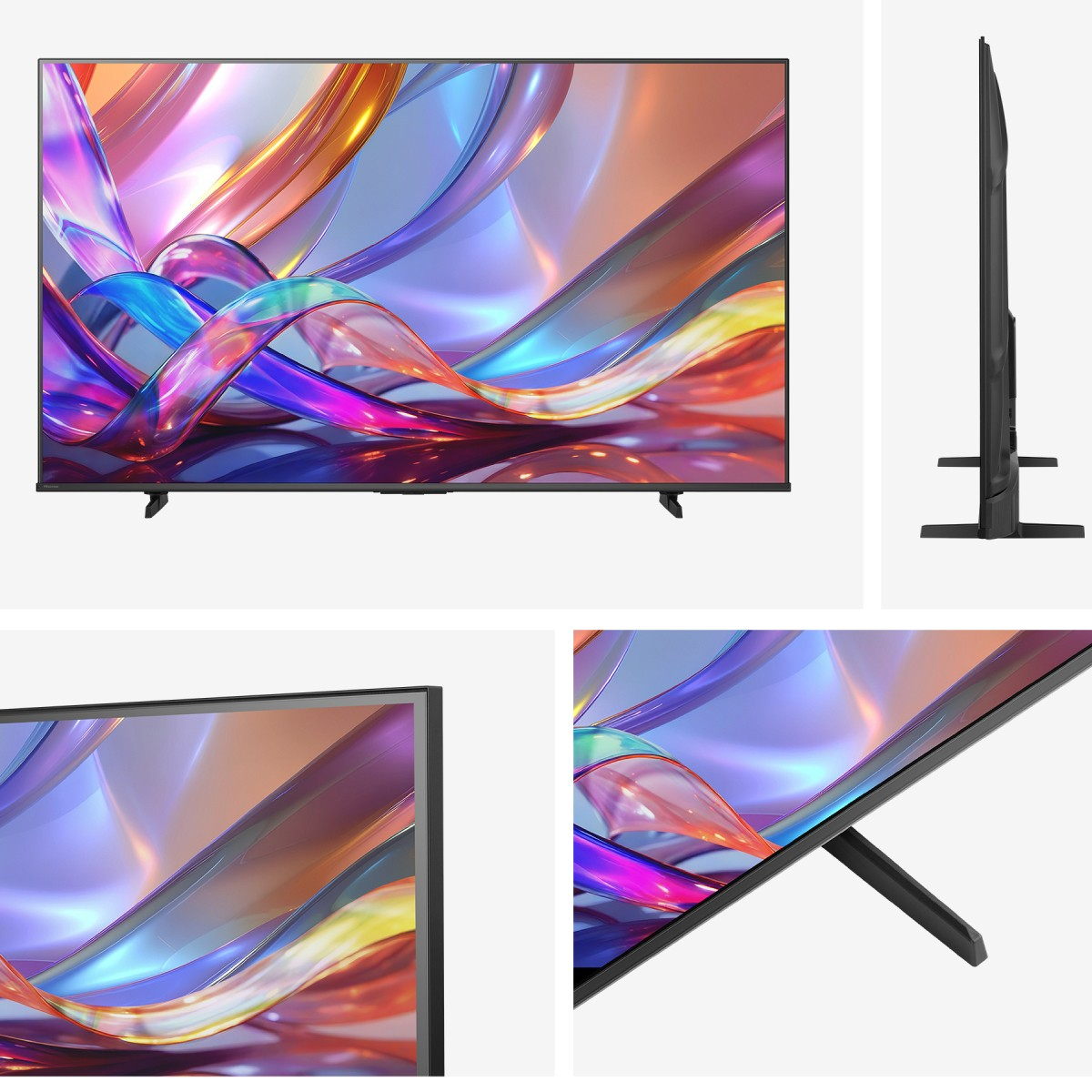 Une télévision noire et mince affichant un fond abstrait et coloré.
