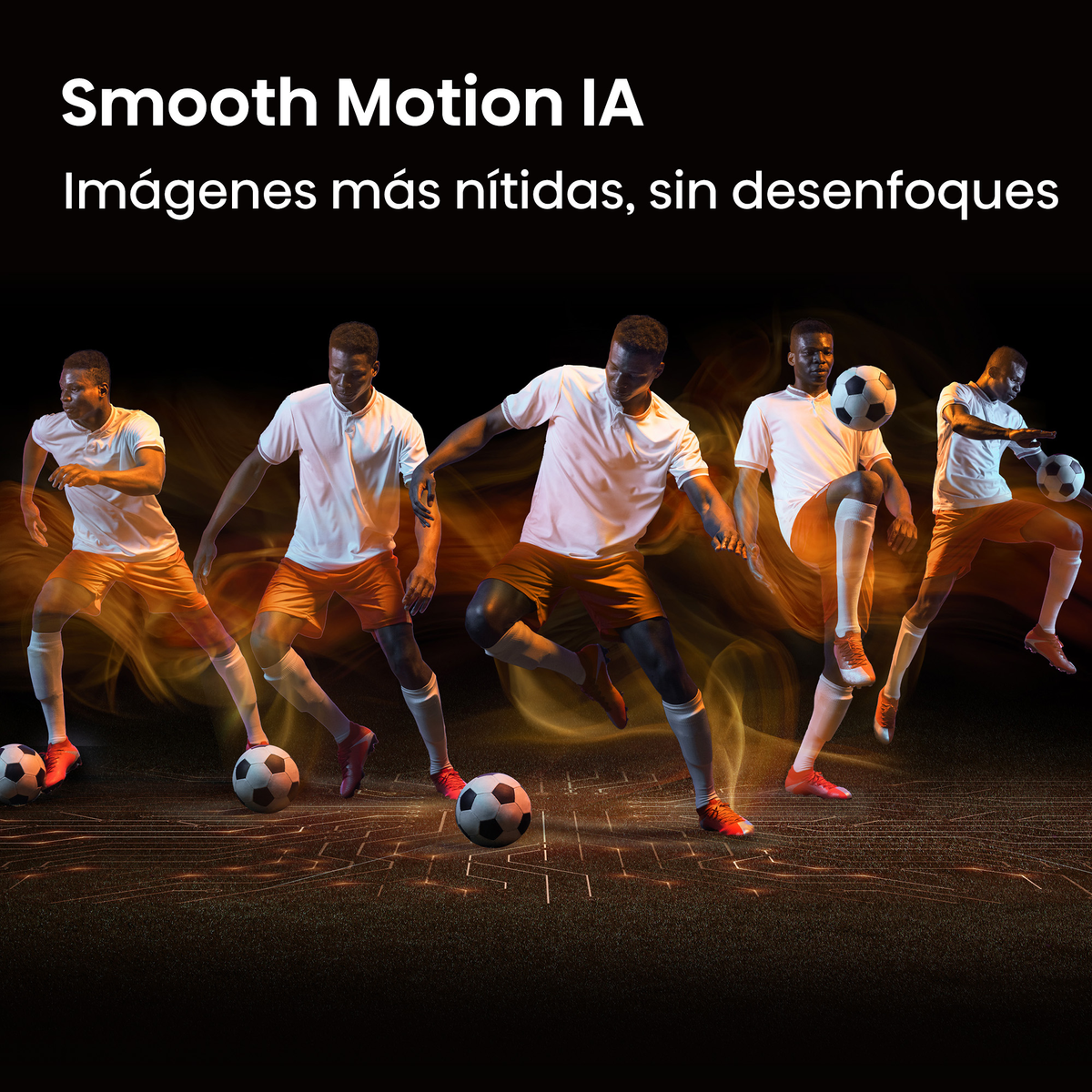 Cinq footballeurs en blanc et orange jouent sur un terrain sombre et lumineux.