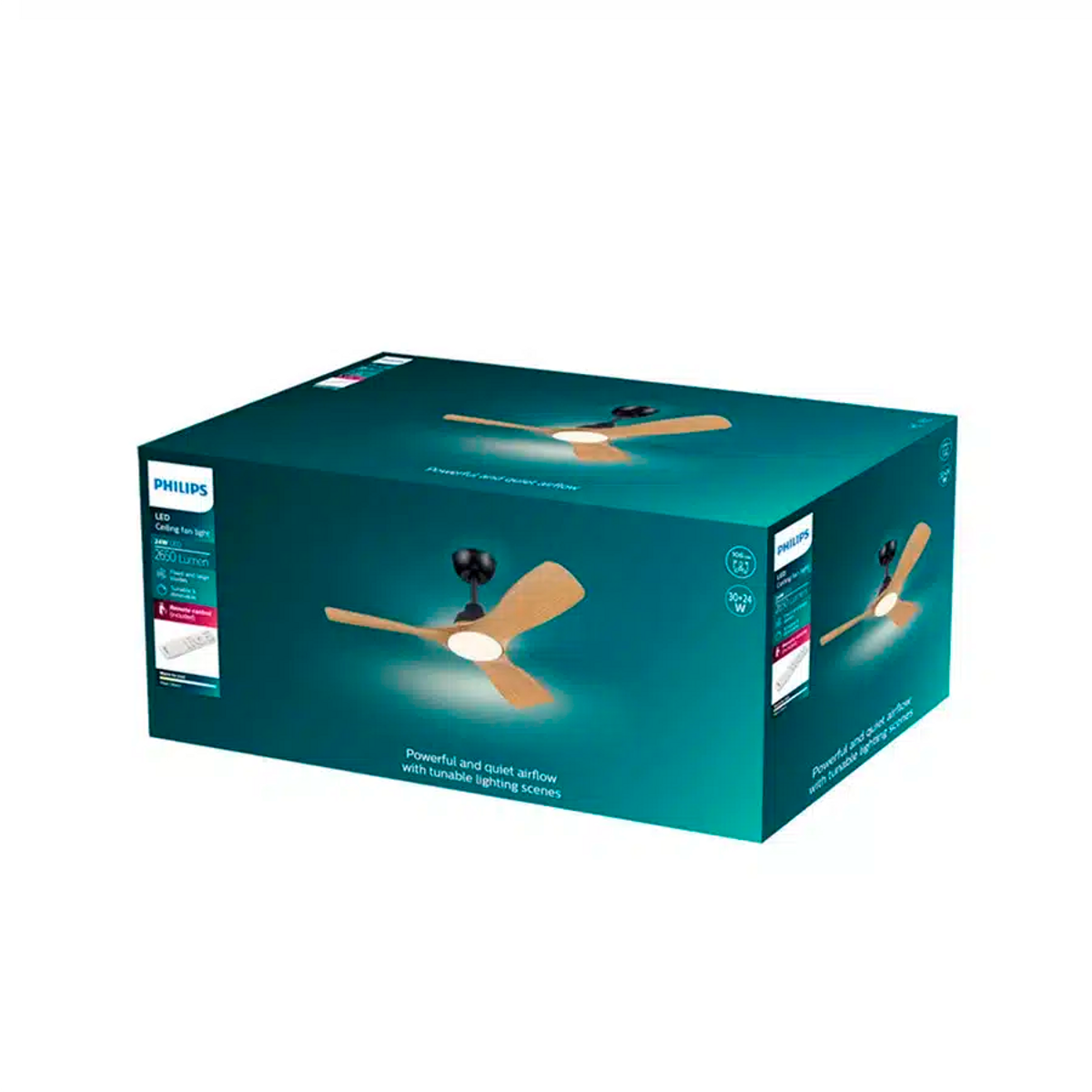 Scatola lampada ventilatore da soffitto LED Philips con pale in legno.
