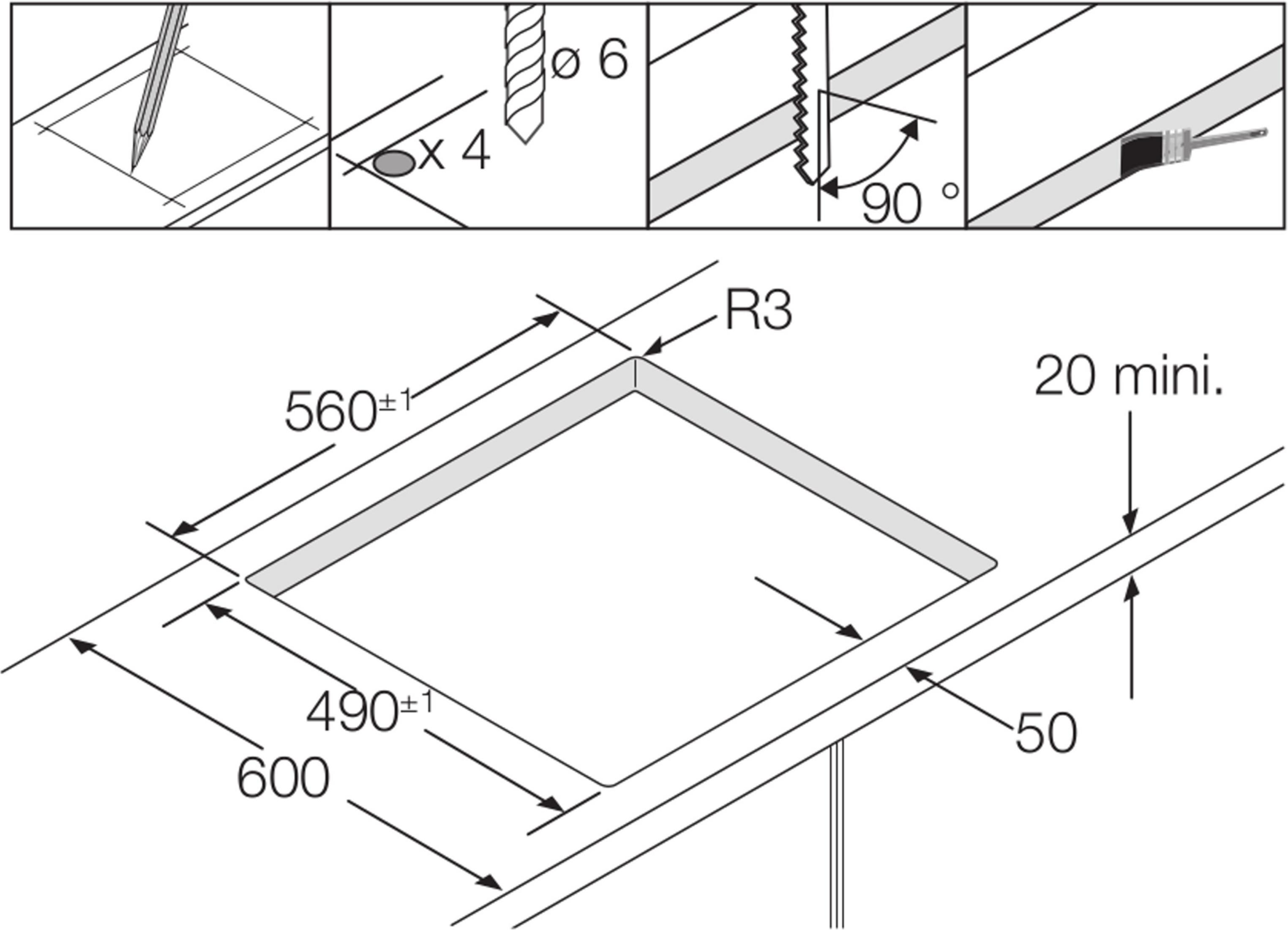 Disegno di installazione con dimensioni per un piano cottura: 560x490 mm, R3, 20 mm distanza minima.
