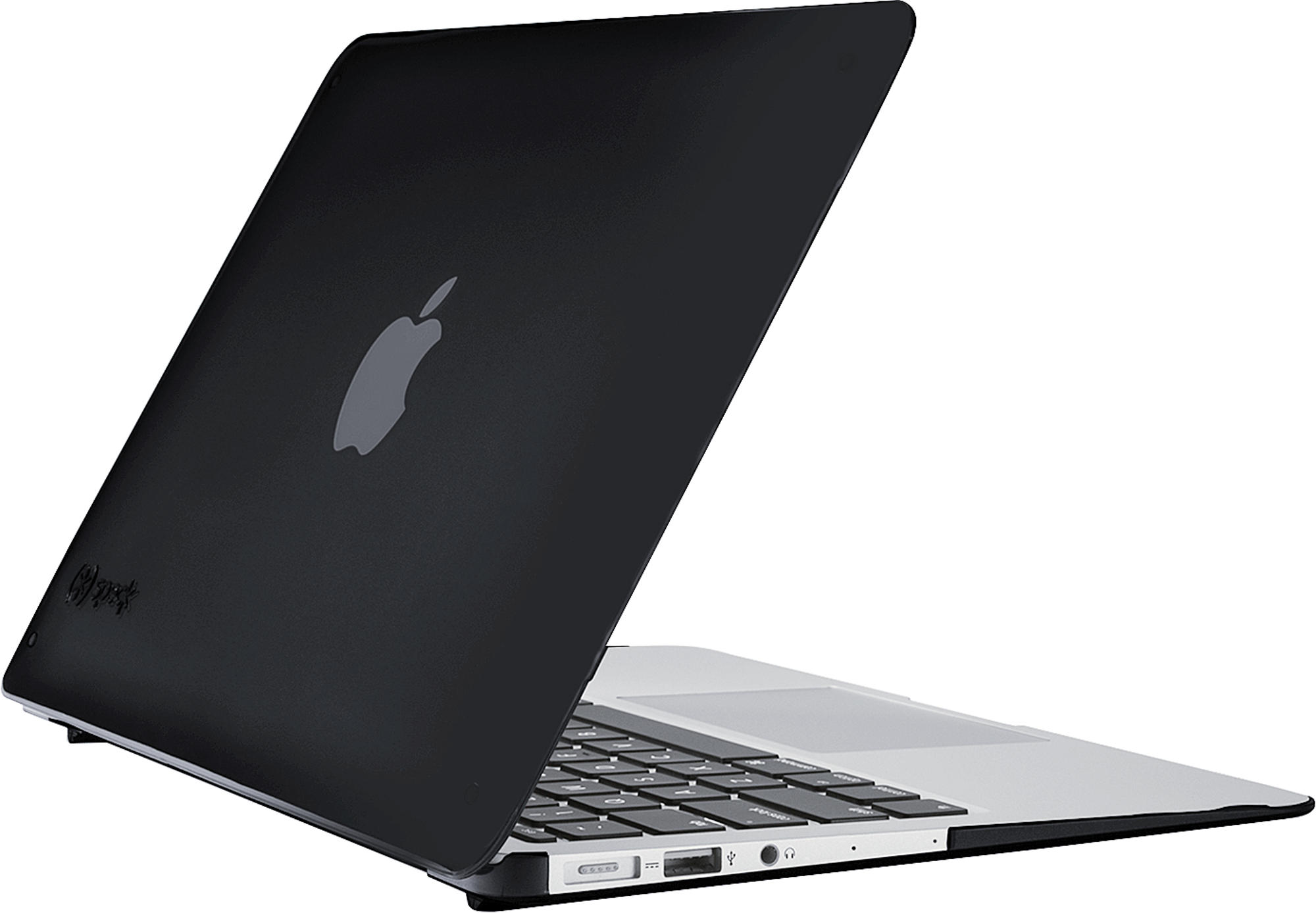 Schwarzer MacBook-Schutz mit Apple-Logo, Tastatur und Anschlüssen.