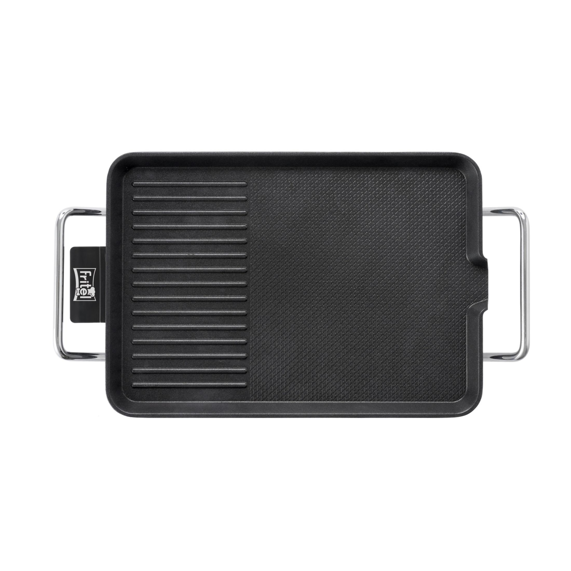 A black grill pan with ridges on the left and a handle.