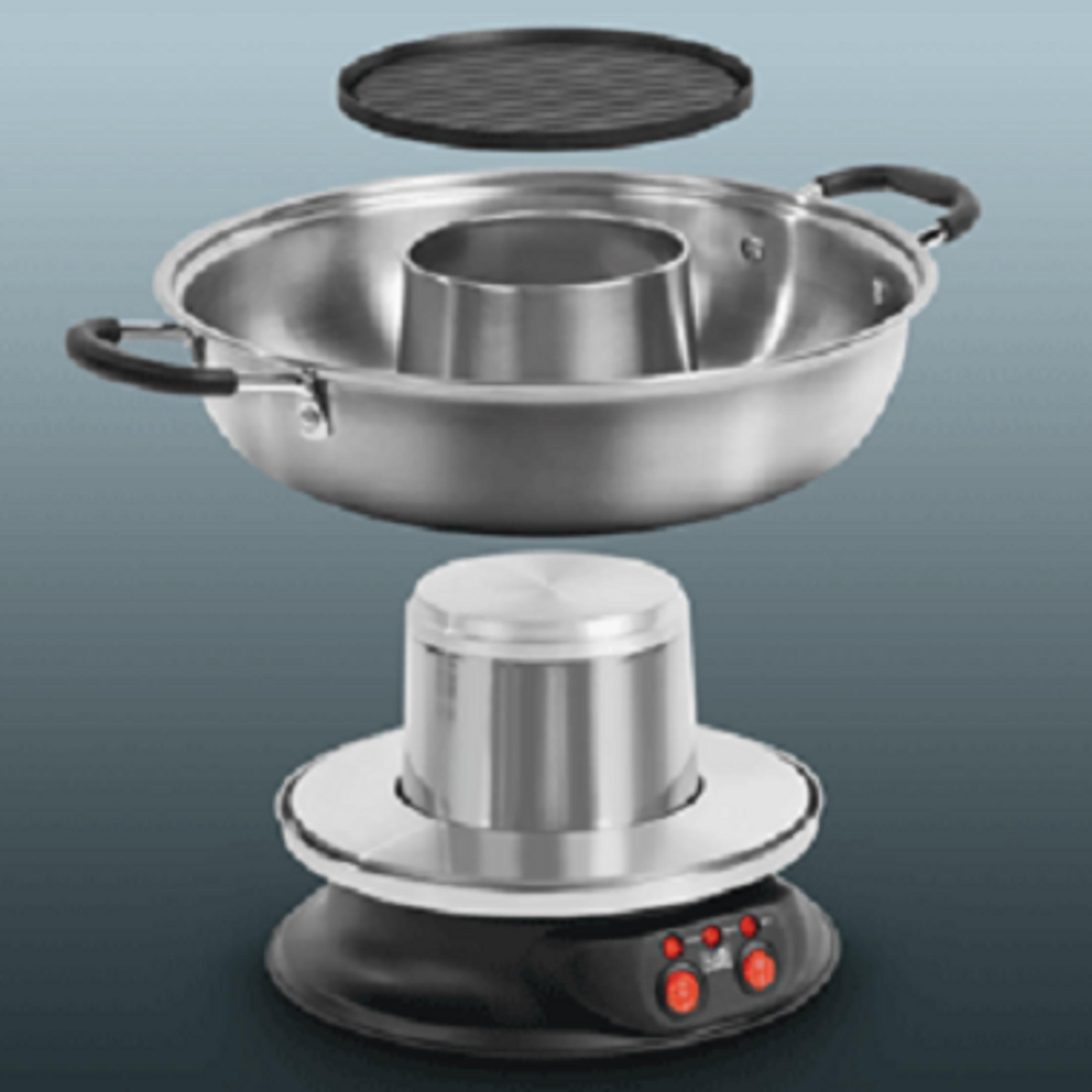 A disassembled stainless steel pot with a grill lid and base.