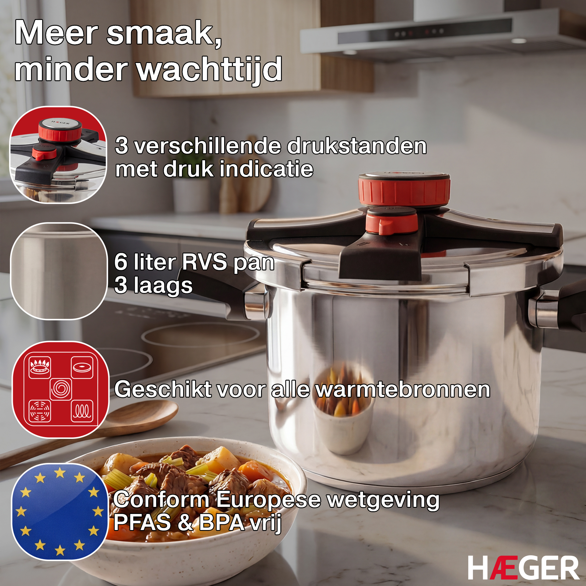 Edelstahl-Schnellkochtopf mit 3 Druckstufen, 6L Fassungsvermögen, für alle Herdarten.