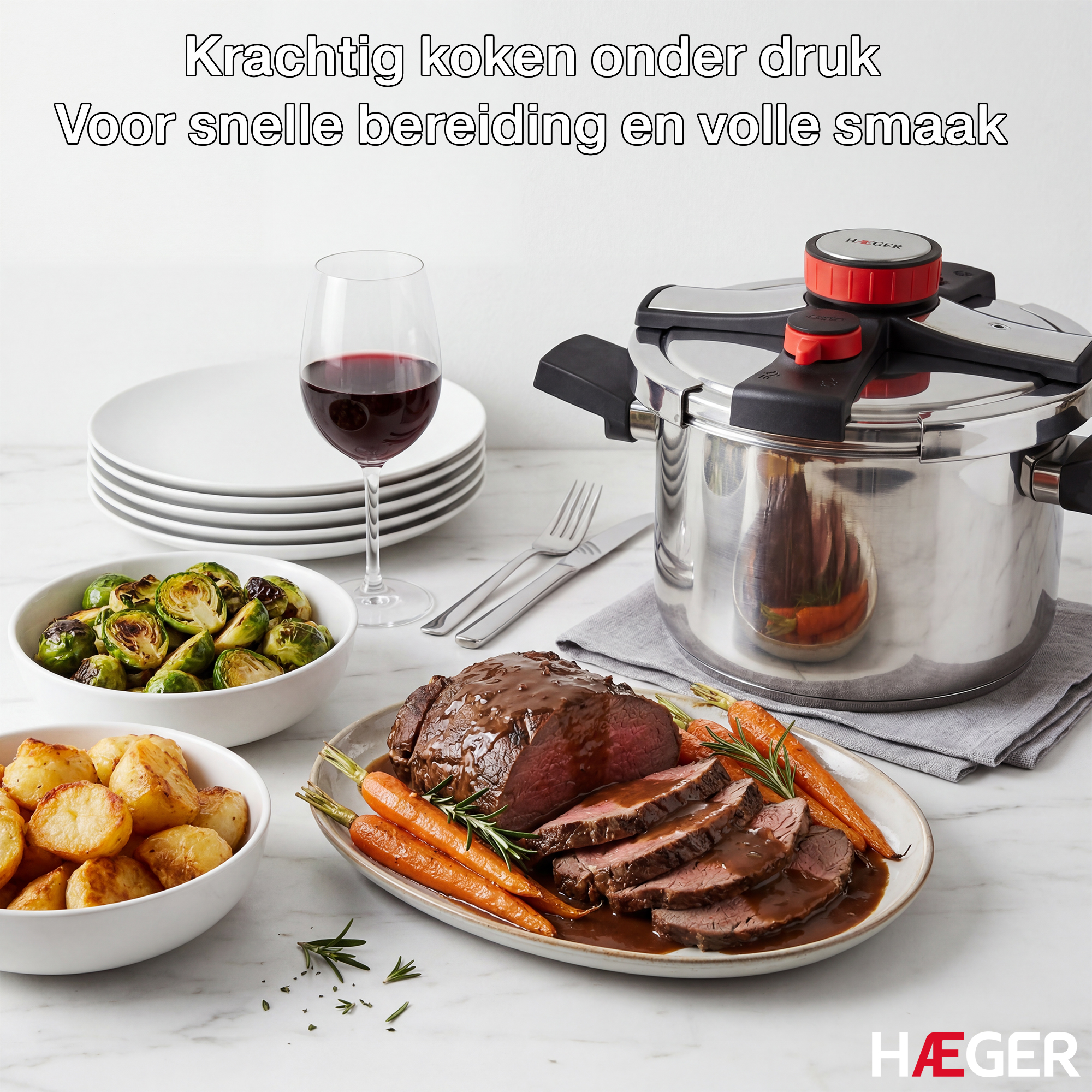 Ein gedeckter Tisch mit Braten, Kartoffeln, Rosenkohl und einem Schnellkochtopf.