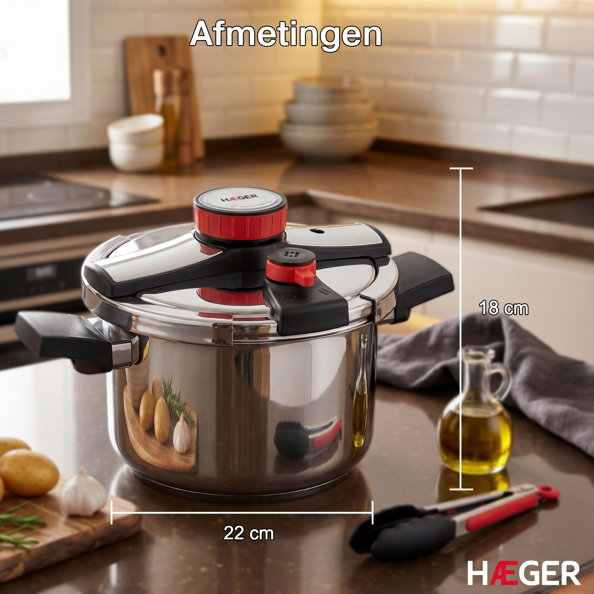 Edelstahl-Schnellkochtopf mit roten Akzenten, 22cm breit, 18cm hoch.