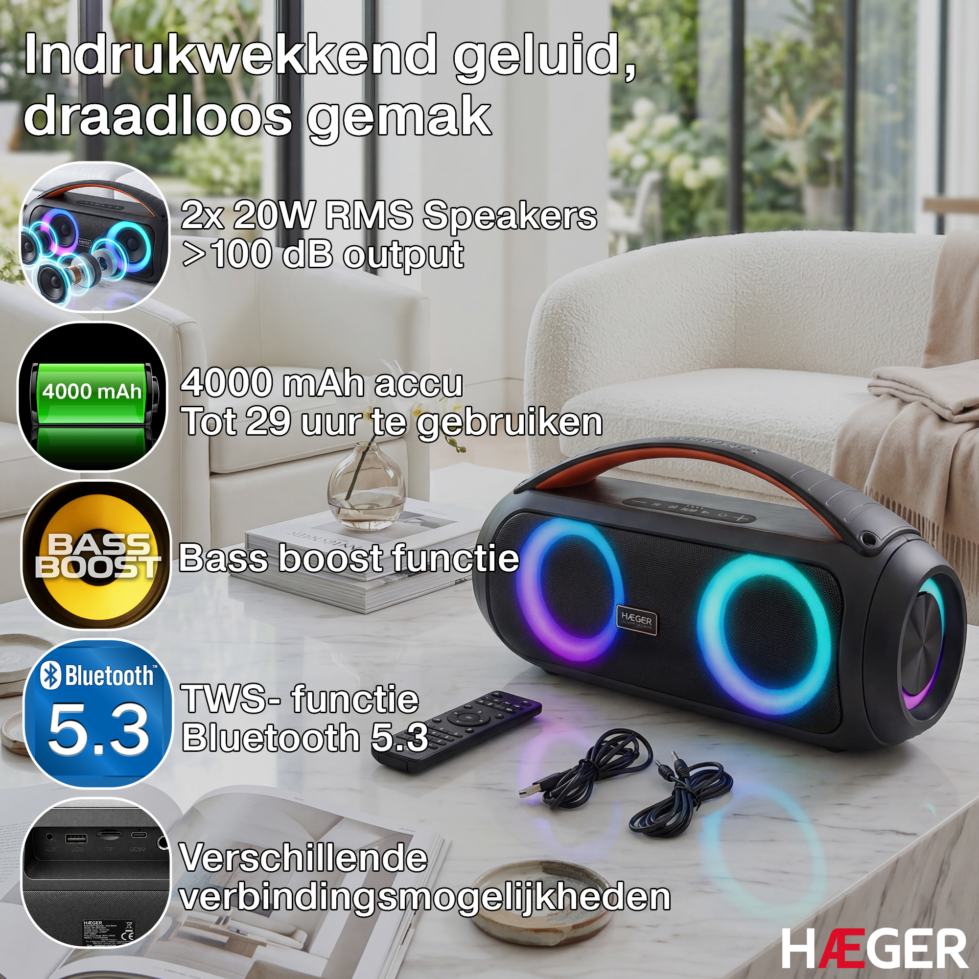 Schwarzer Bluetooth-Lautsprecher mit Lichtringen, 4000 mAh Akku, 2x 20W RMS.