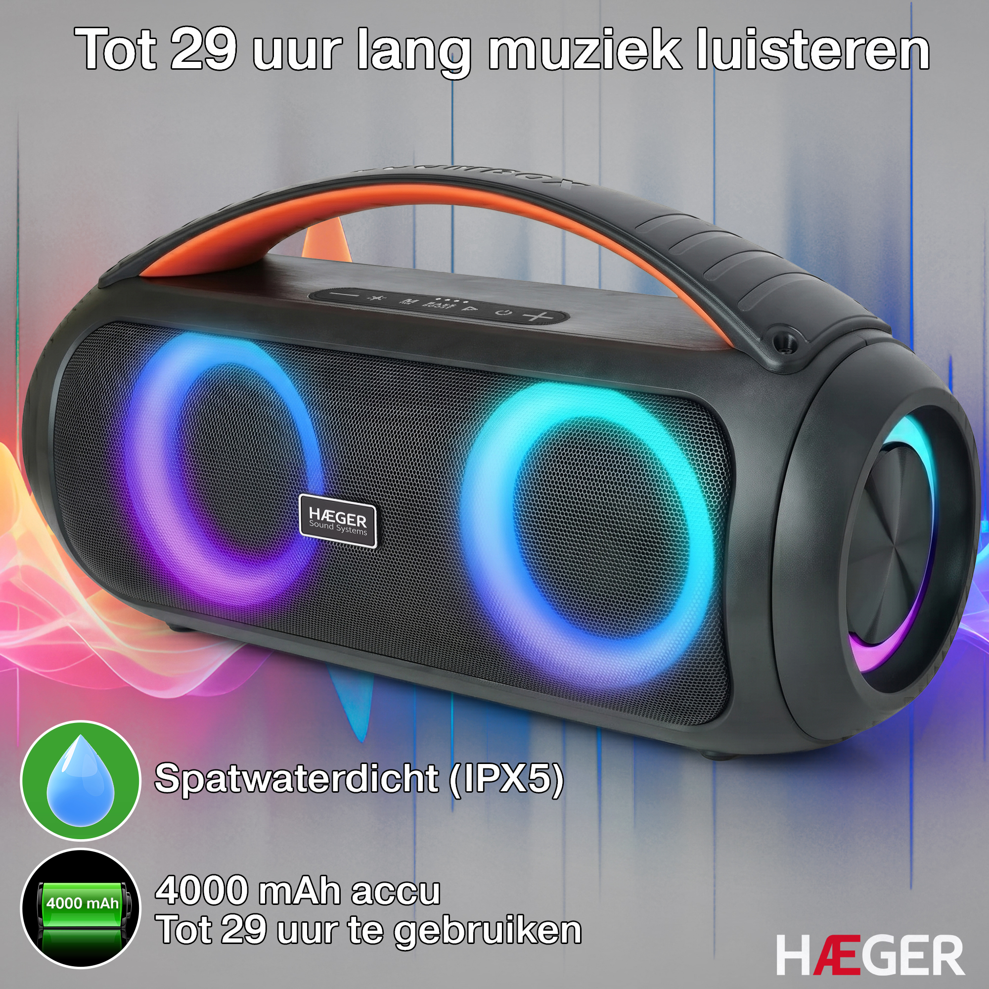 Schwarzer Lautsprecher mit orangefarbenem Griff, leuchtenden Ringen, Akku und Wasserschutz.