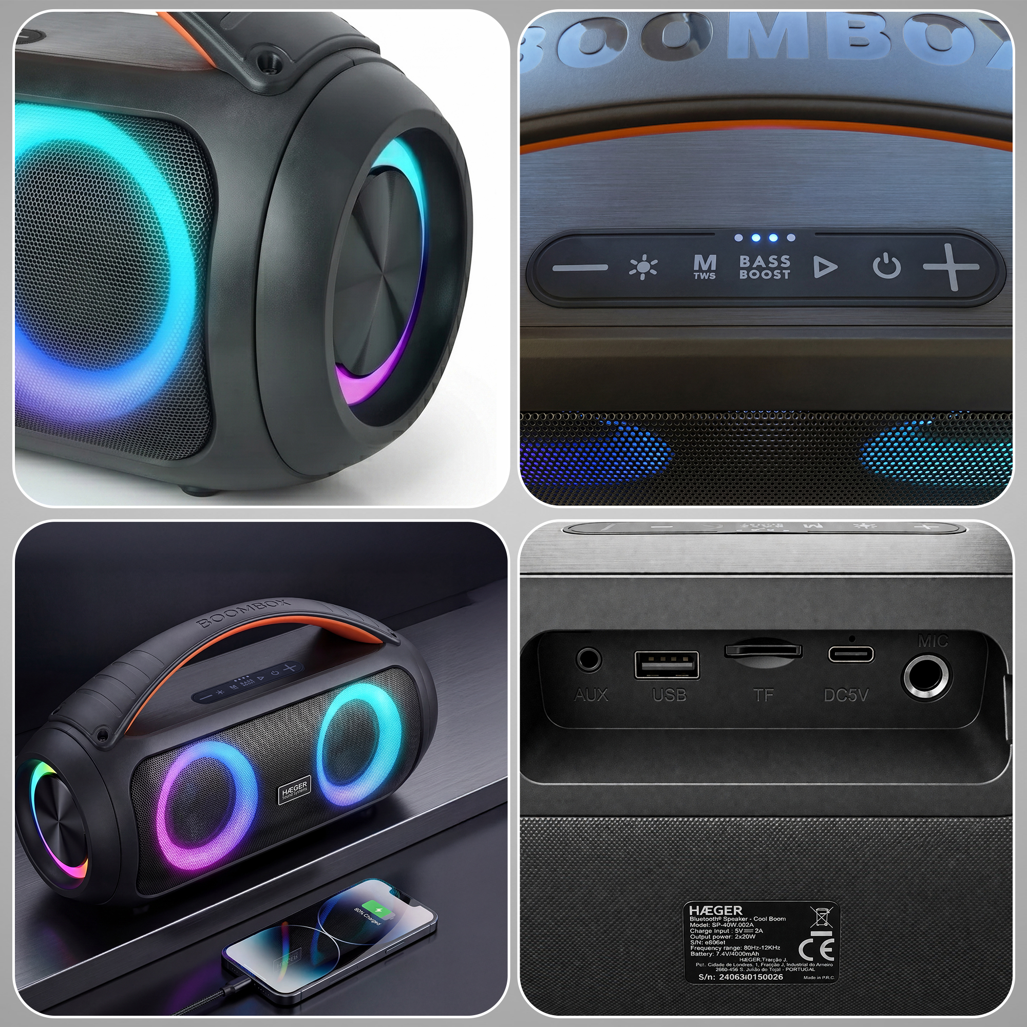Ein schwarzer Boombox-Lautsprecher mit bunten LED-Ringen und Anschlüssen.