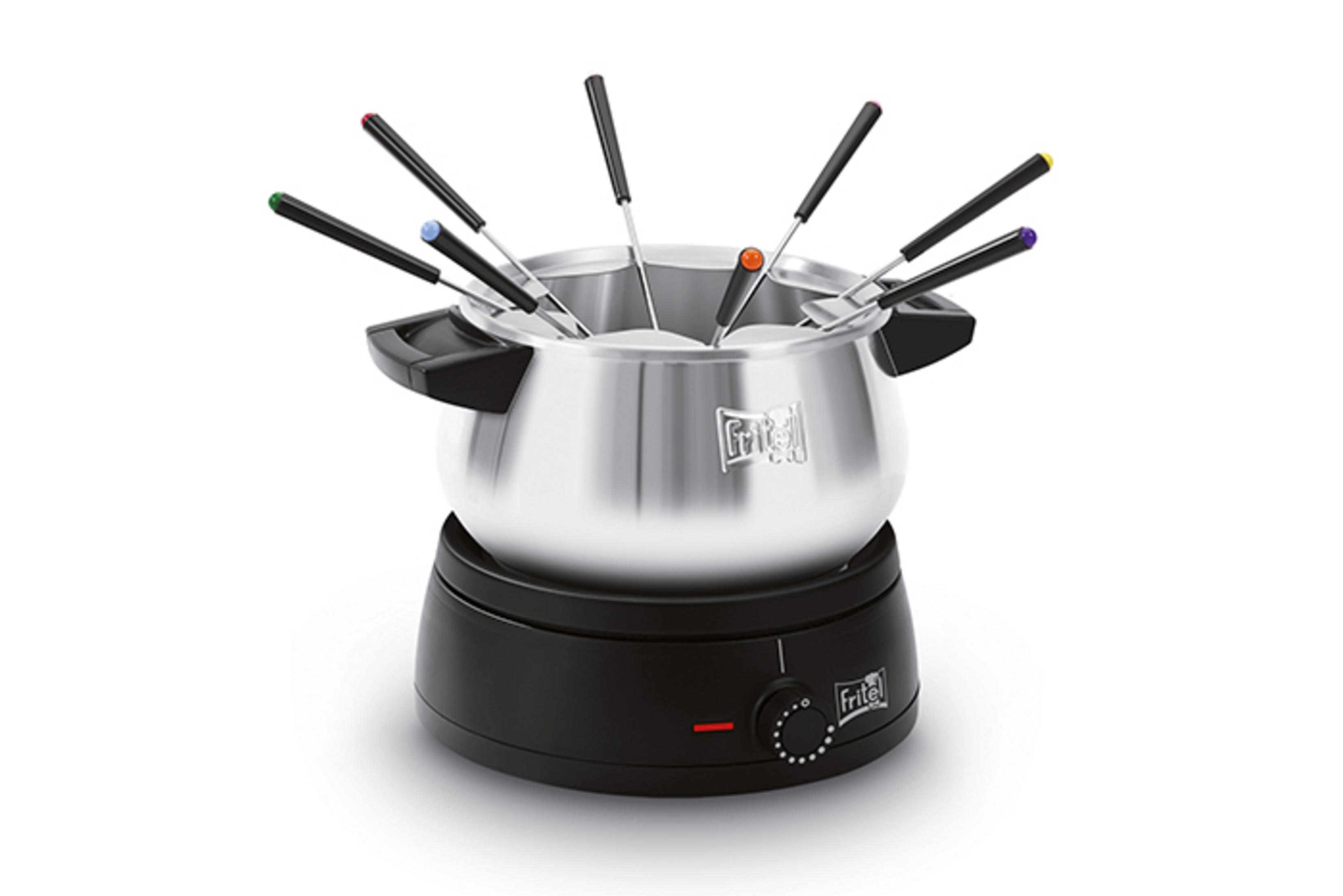 Elegant stainless steel fondue set with black base and colored fork tips.