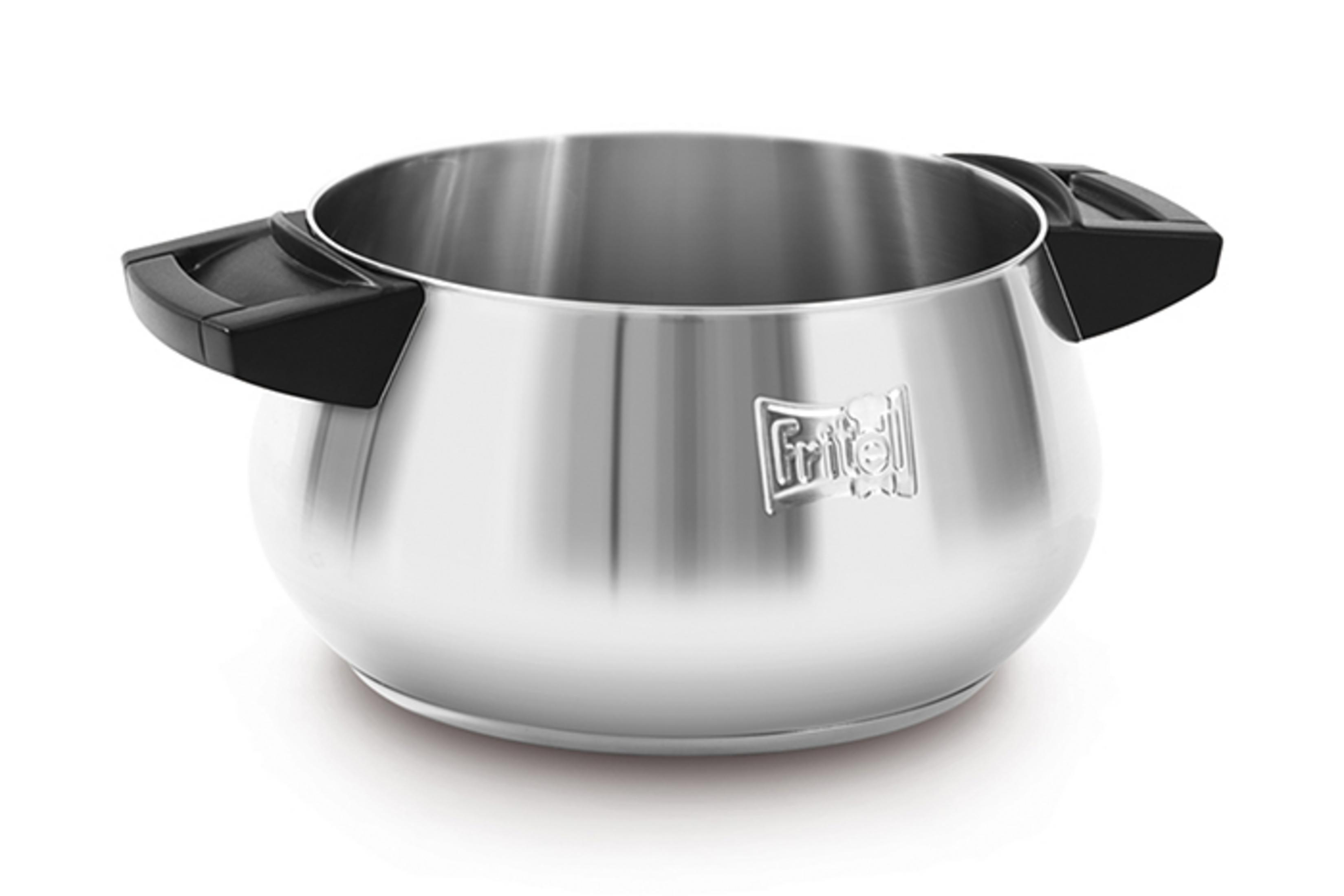 A shiny stainless steel pot with black handles and a logo.