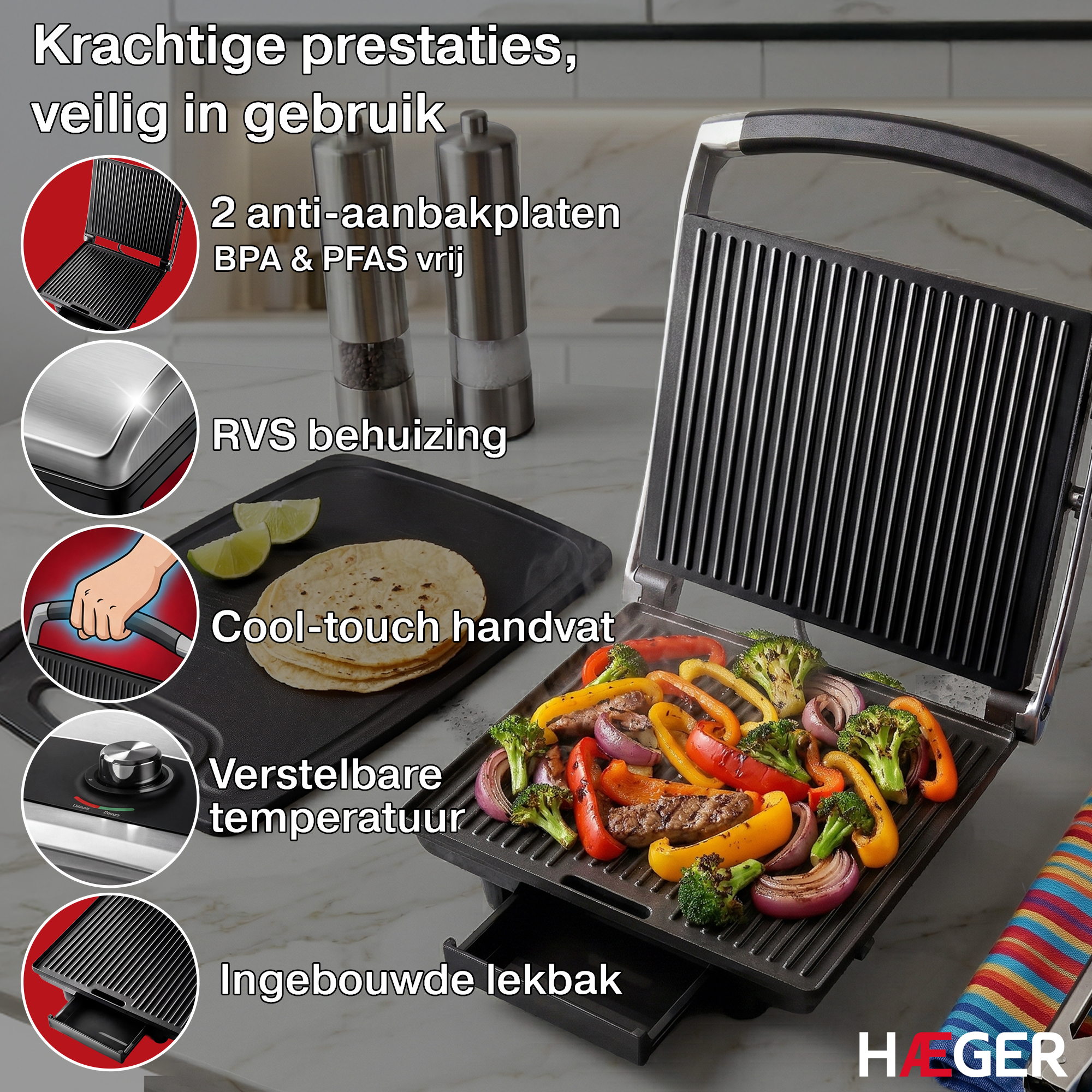 Un grill de contact ouvert avec légumes et viande grillés, avec ses caractéristiques mises en avant.