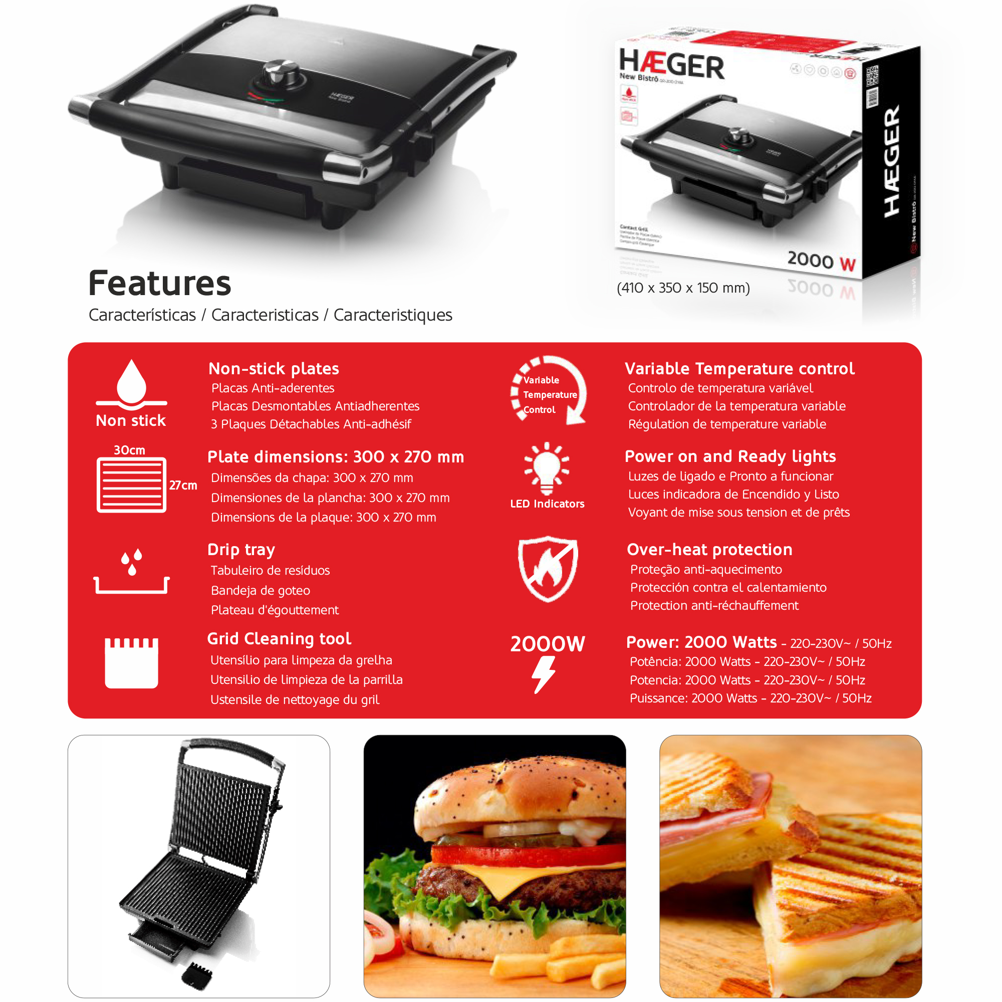 Un grill de contact noir avec des accents argentés pour cuisiner.