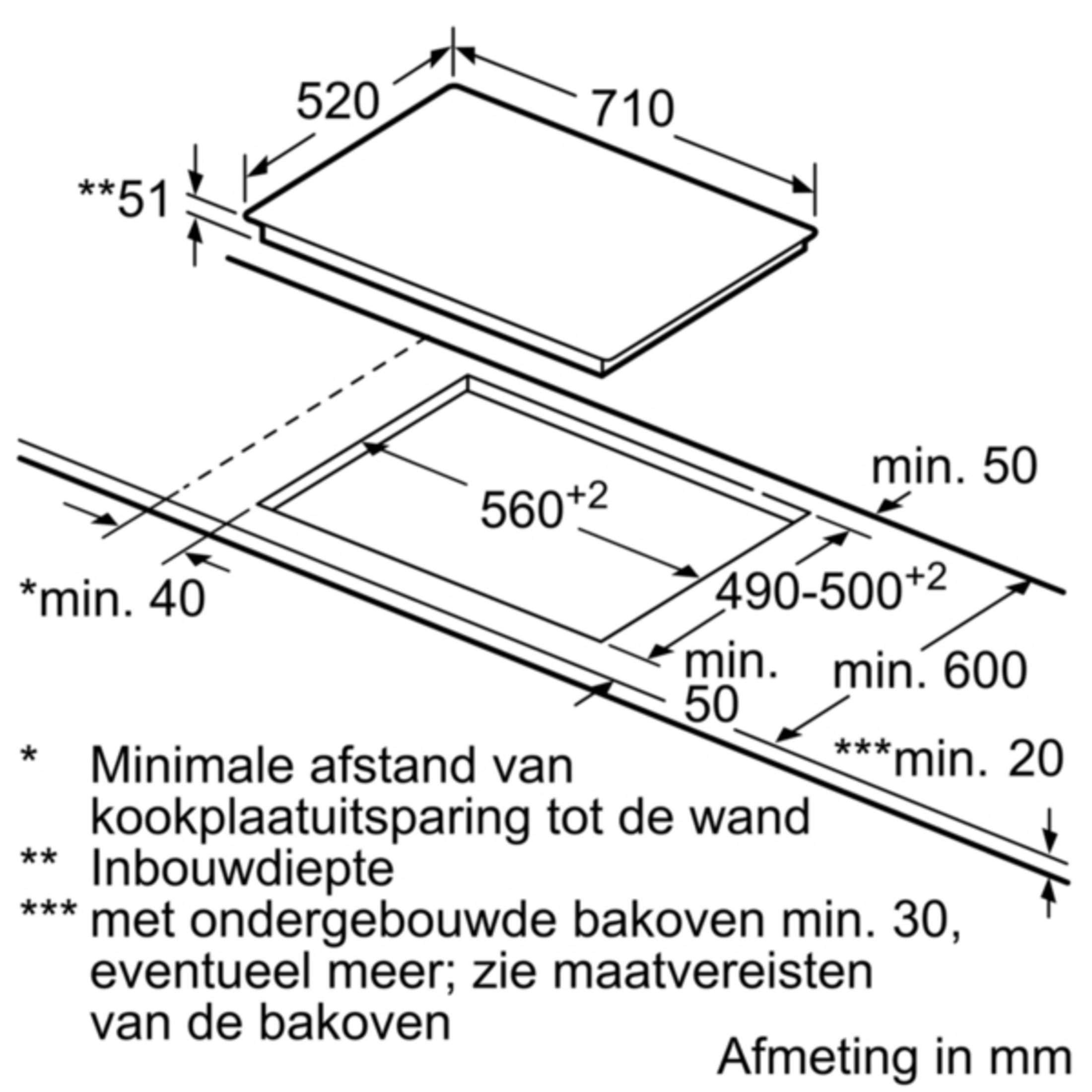 Technische tekening met afmetingen voor een kookplaat en inbouwmaten in mm.