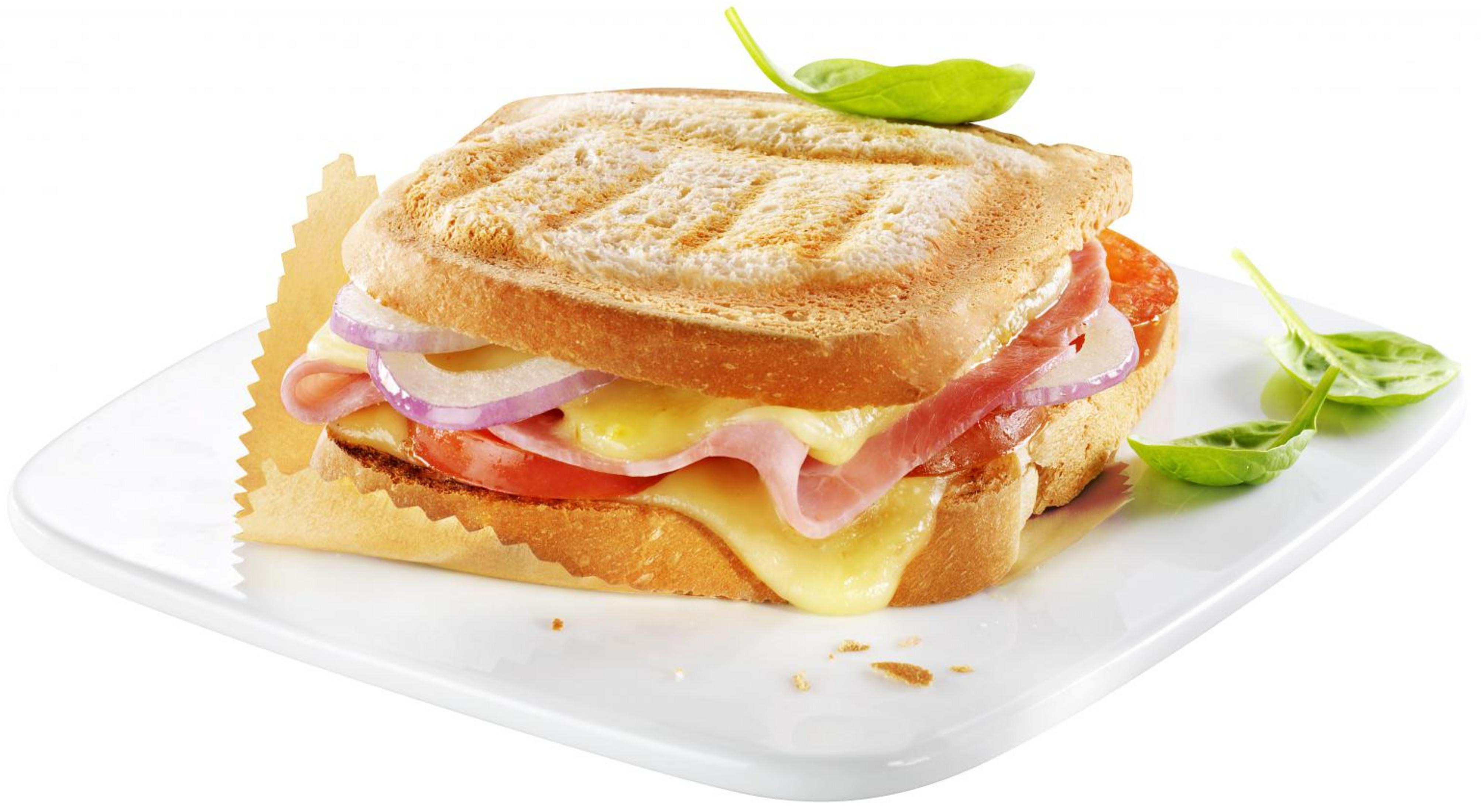 Un sándwich a la parrilla con jamón, queso, tomate y cebolla en un plato.