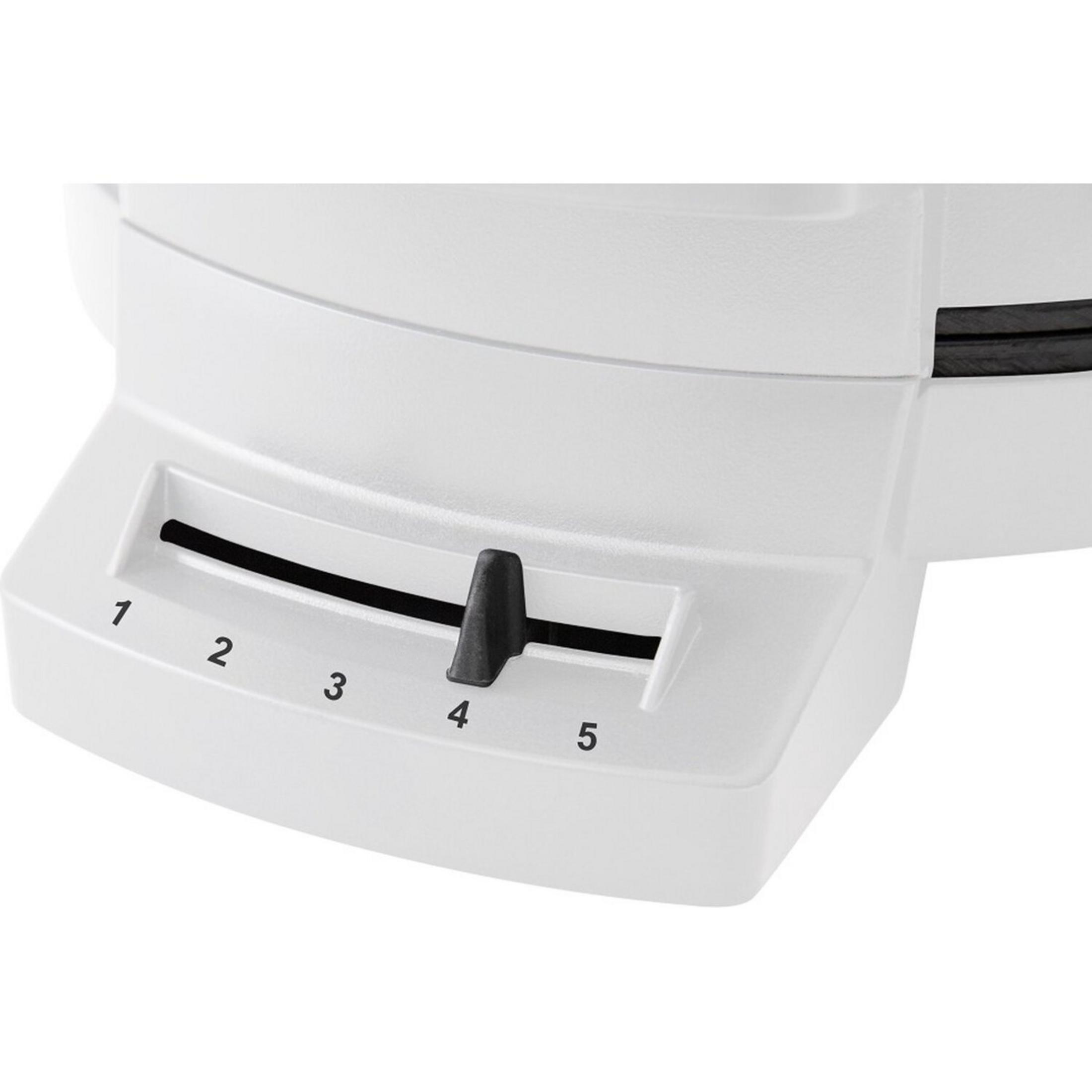 Een witte wafelmaker met een zwarte draaiknop op een schaal van 1 tot 5.
