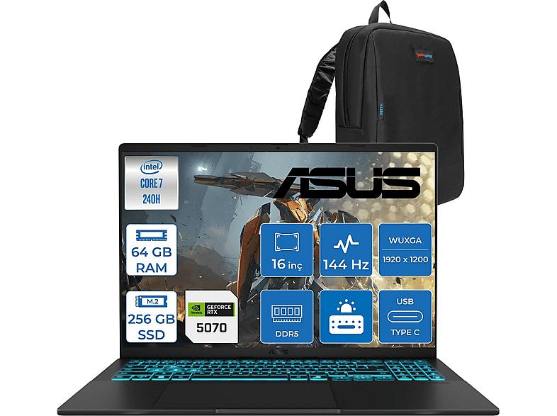 ASUS VivoBook V16 AI RTX5070 8GB S WV3607VPF21 Intel Core 7 240H 64 GB RAM 256 GB SSD 16 inç FreeDOS Laptop+Çanta Siyah