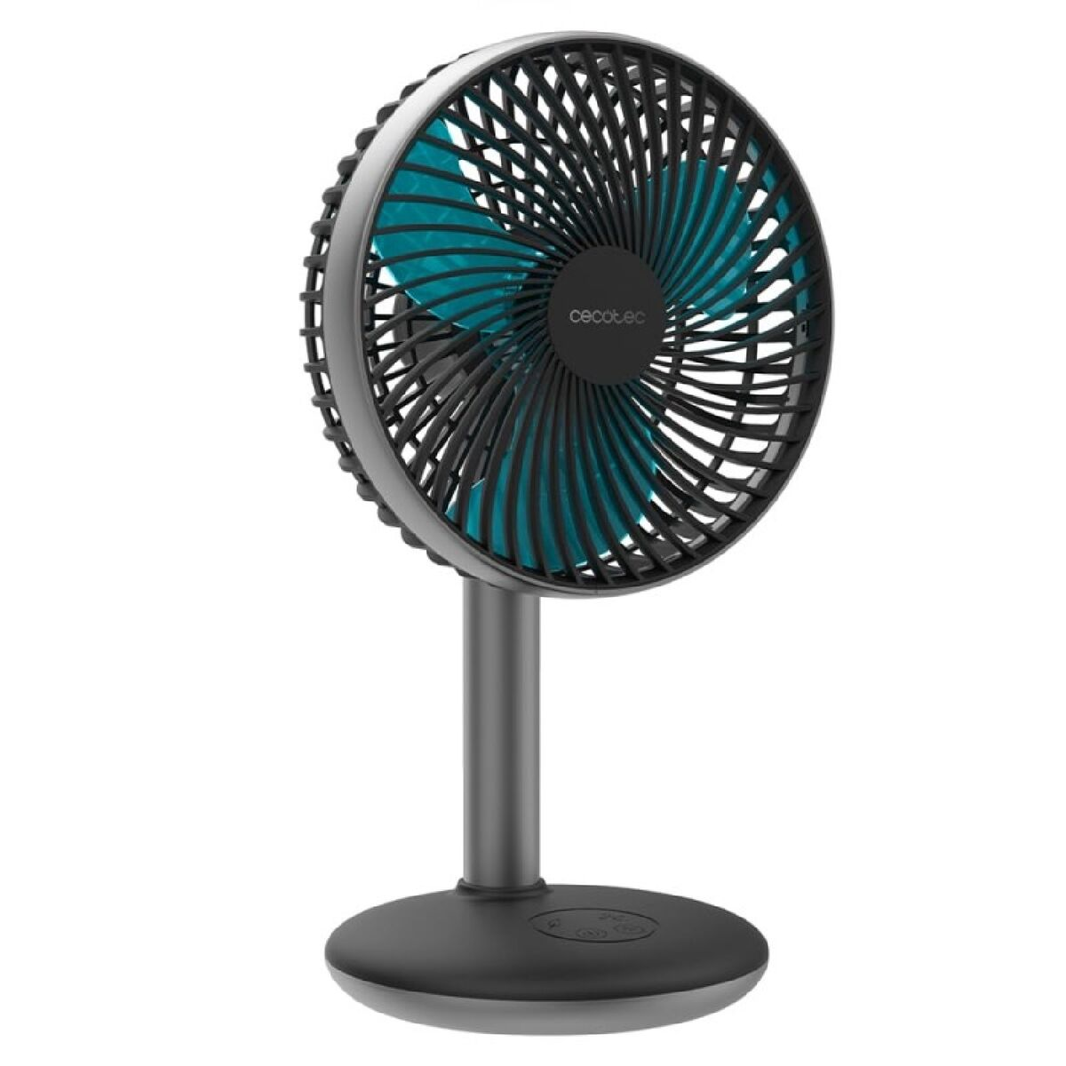 Ventilatore portatile con pale blu e griglia nera su supporto grigio.