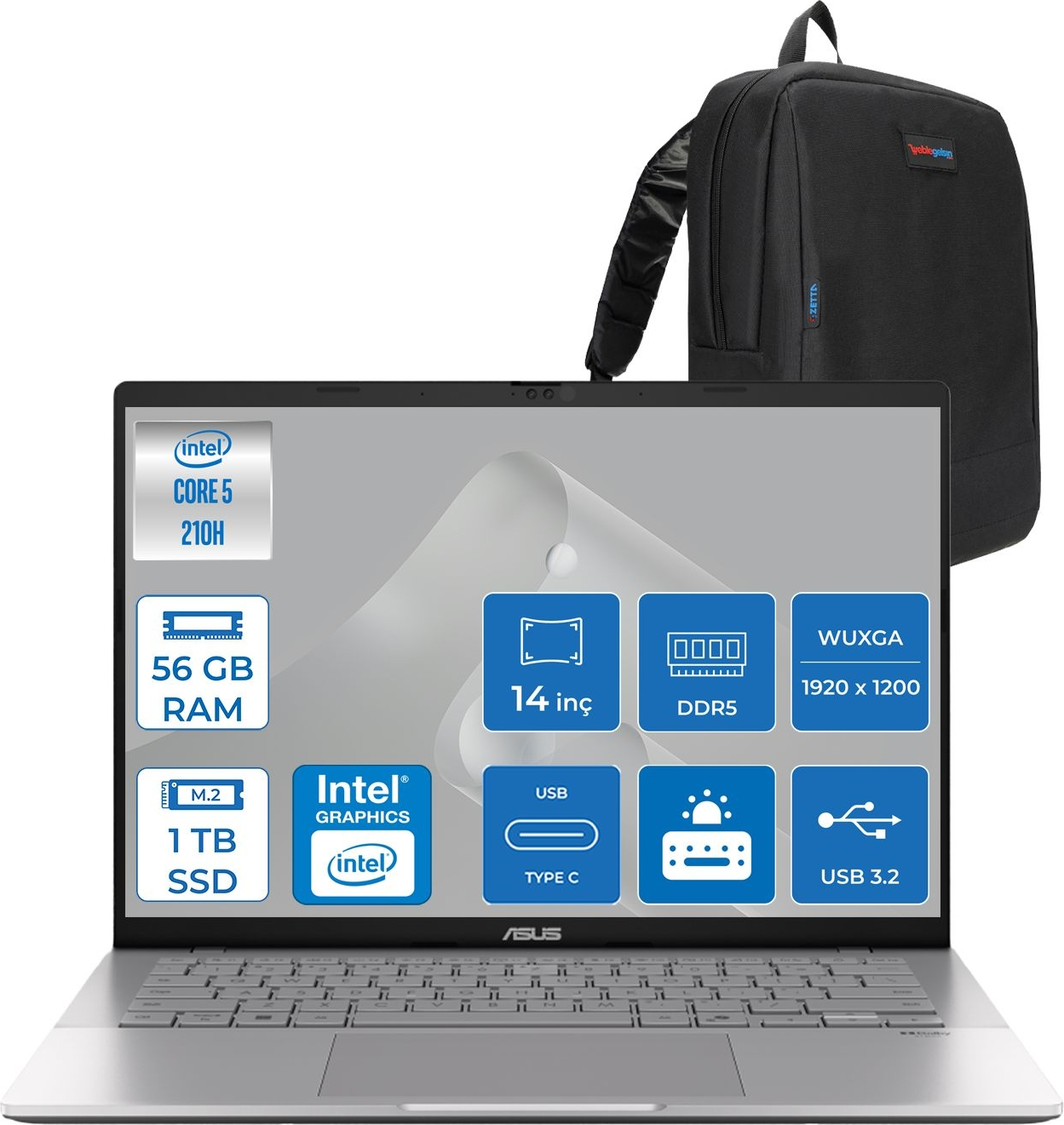 Intel Core 5 işlemcili, 56 GB RAM, 1 TB SSD dizüstü bilgisayar ve sırt çantası.