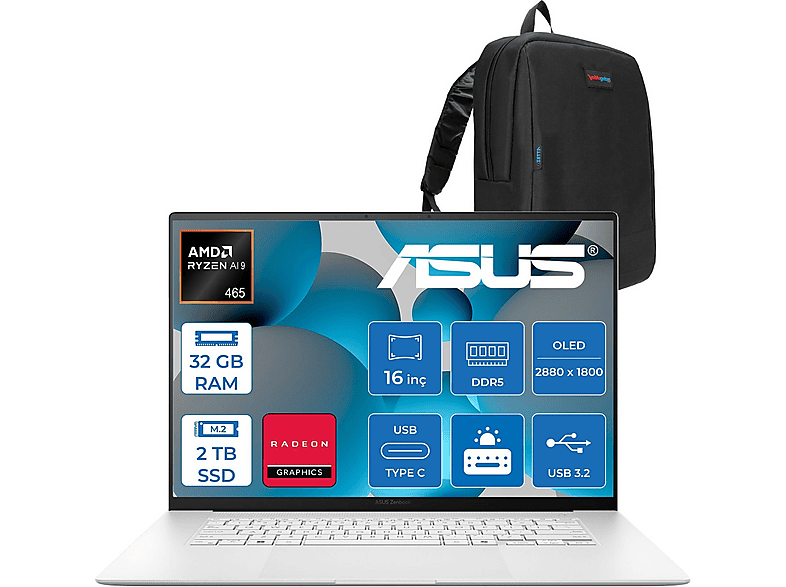 ASUS ZenBook S16 UM5606GA Radeon 880M WUM5606GAF14 AMD Ryzen 9 465 32 GB RAM 2 TB SSD 16 inç FreeDOS Laptop+Çanta Beyaz