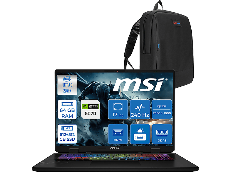 MSI Crosshair 17HX AI D2XWGKG-017TR RTX5070 W017TRF26 Intel Core Ultra 9 275HX 64 GB RAM 512 GB SSD 17 inç FreeDOS Laptop+Çanta Siyah