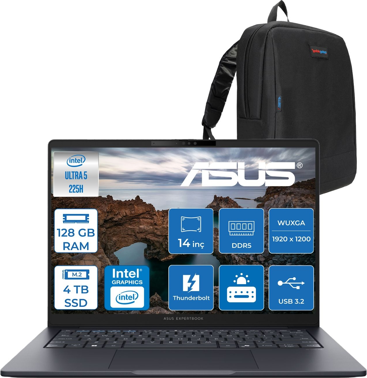 Intel Ultra 5 işlemcili açık ASUS Expertbook dizüstü bilgisayarının üzerinde siyah sırt çantası.