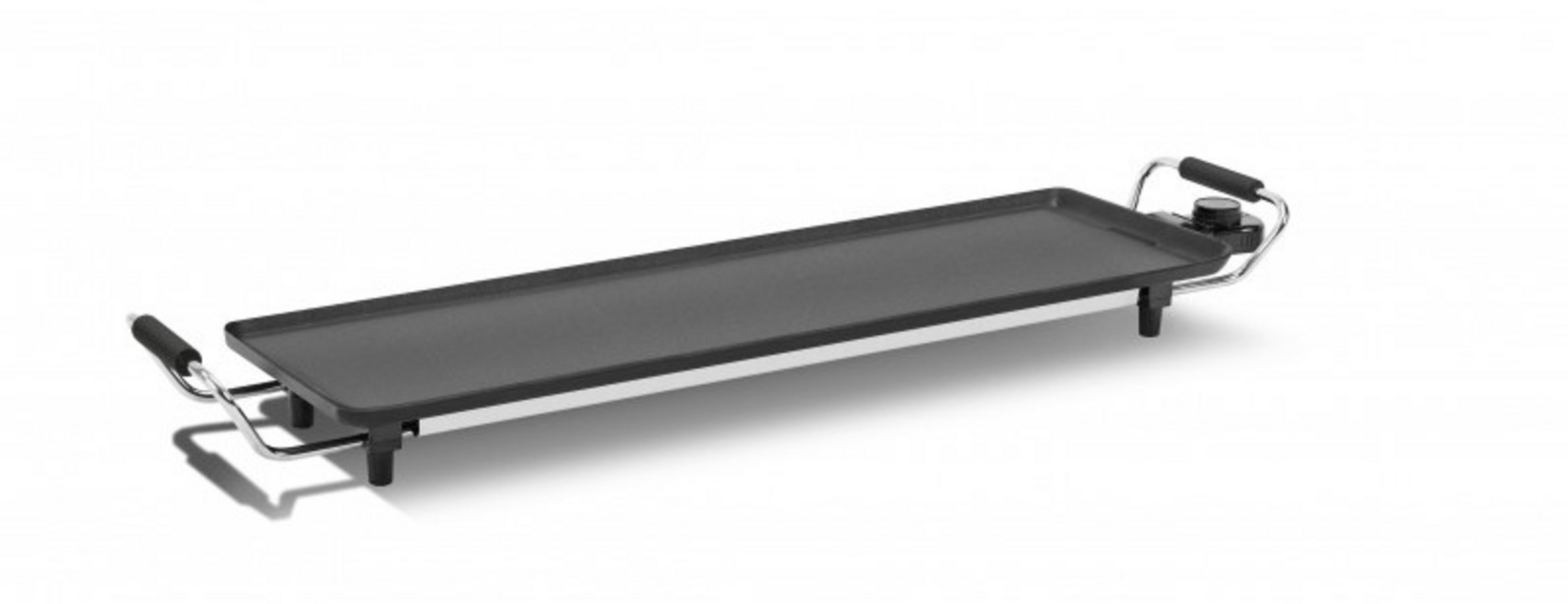 A long, flat electric griddle with black handles and feet.