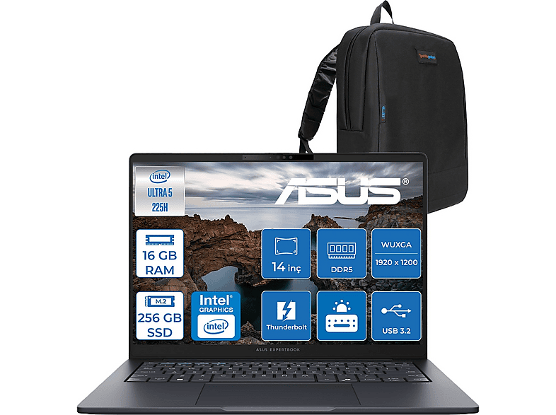 ASUS ExpertBook B5 B5405CCA U516512B0DF01 Intel Core Ultra 5 225H 16 GB RAM 256 GB SSD 14 inç FreeDOS Laptop+Çanta Siyah