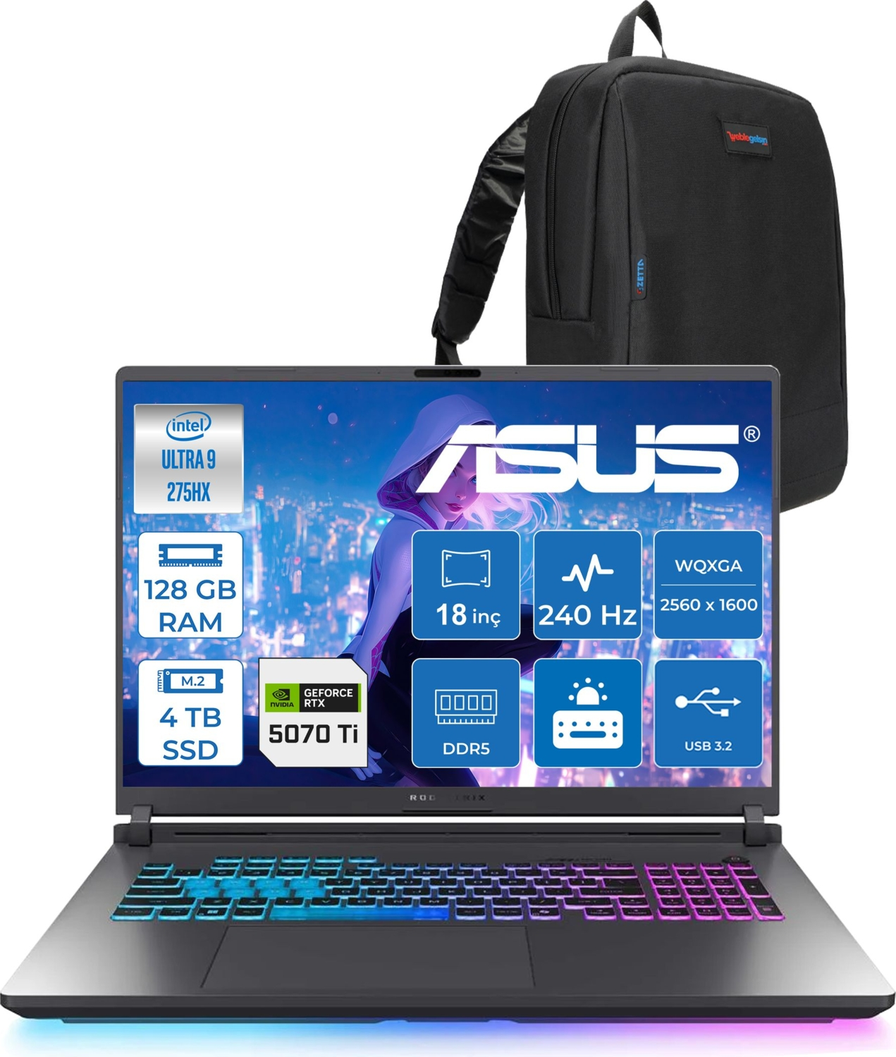 ASUS Rog Strix G18 G815LR-S9156 RTX5070Ti WS9156F39128G Intel Core Ultra 9 275HX 128 GB RAM 4 TB SSD 18 inç FreeDOS Laptop+Çanta Siyah