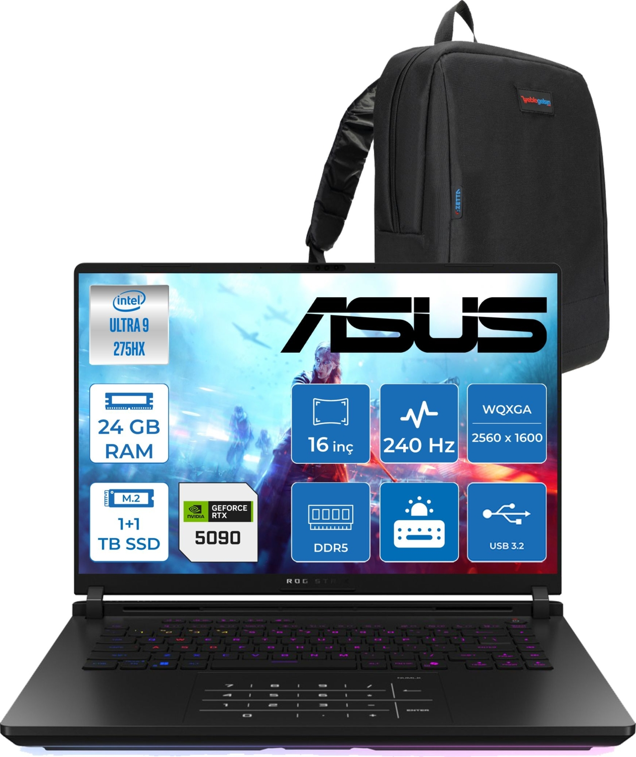 ASUS Strix Scar 16 24GB RTX5090 3ms 1200nits WRWF14504 Intel Core Ultra 9 275HX 24 GB RAM 1 TB SSD 16 inç FreeDOS Laptop+Çanta Siyah