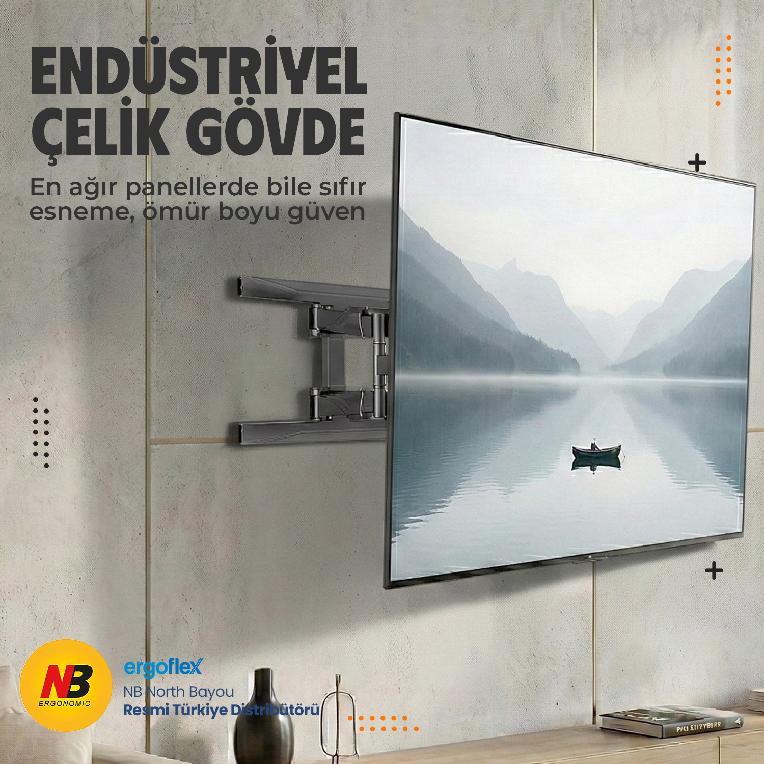 Çelik çerçeveli TV askısı, beton duvarda dağ manzarasını gösteren bir TV tutuyor.