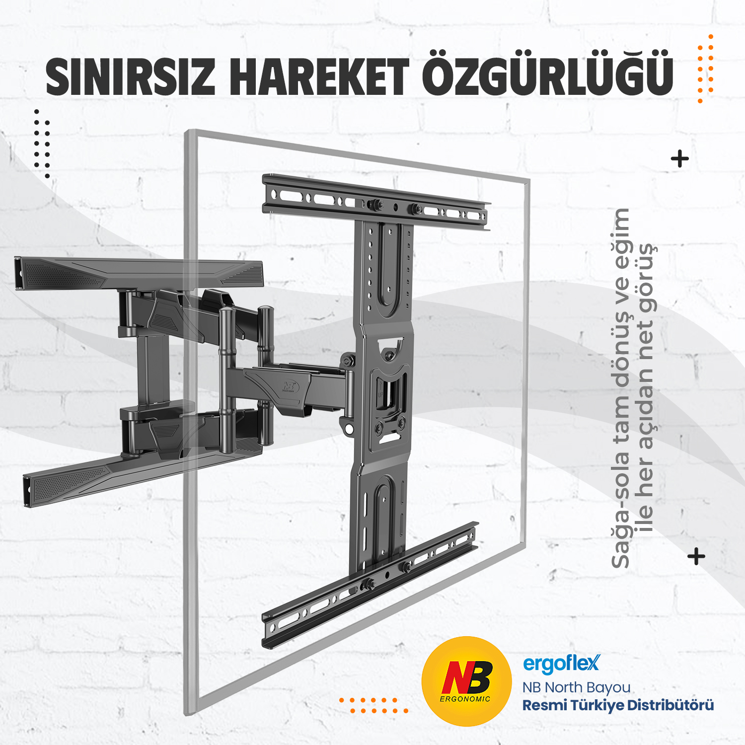 Siyah TV duvar askısı, hareketli kollu, beyaz tuğla arka plan üzerinde.