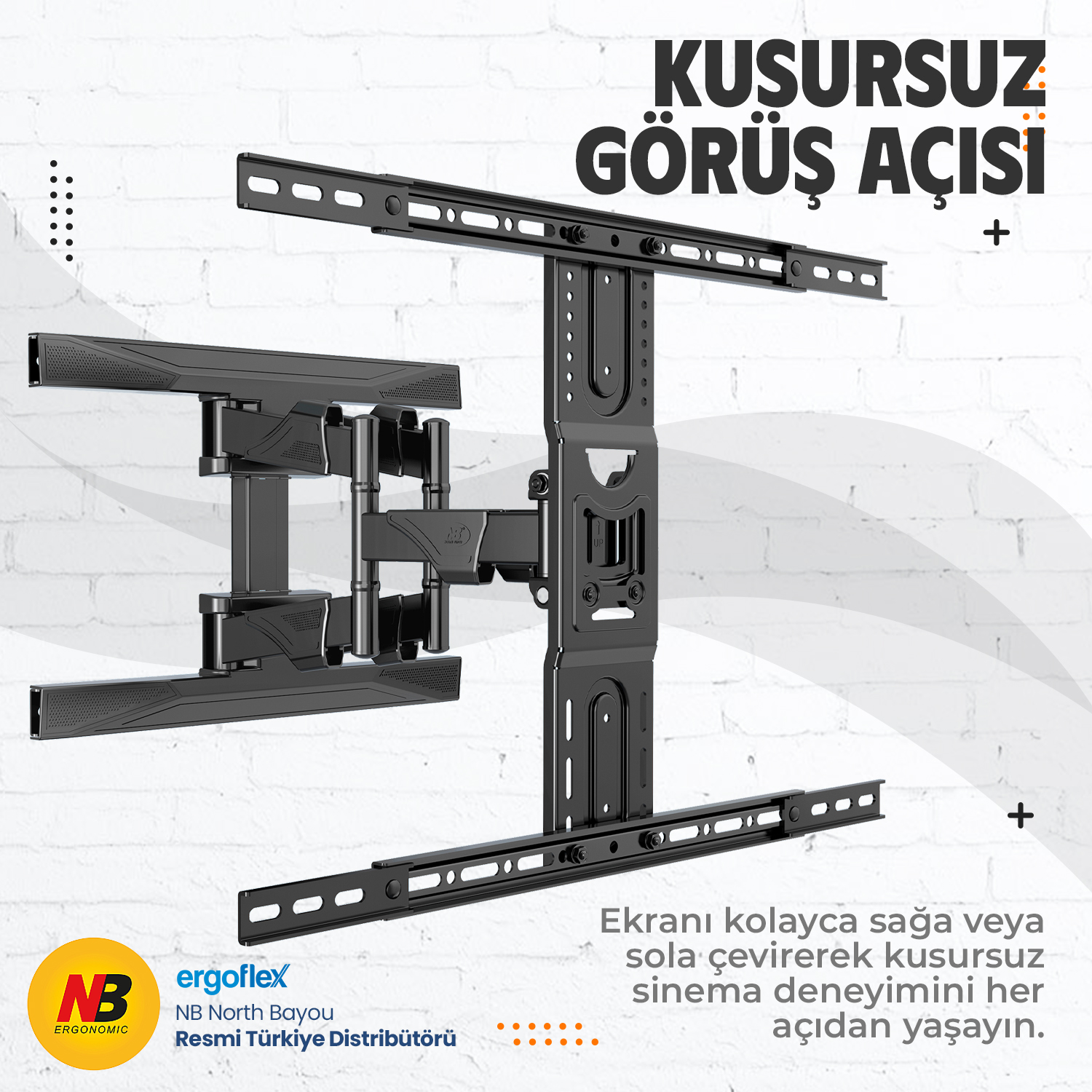 Beyaz tuğla duvar önünde eklemli kollara sahip siyah TV duvar askısı.