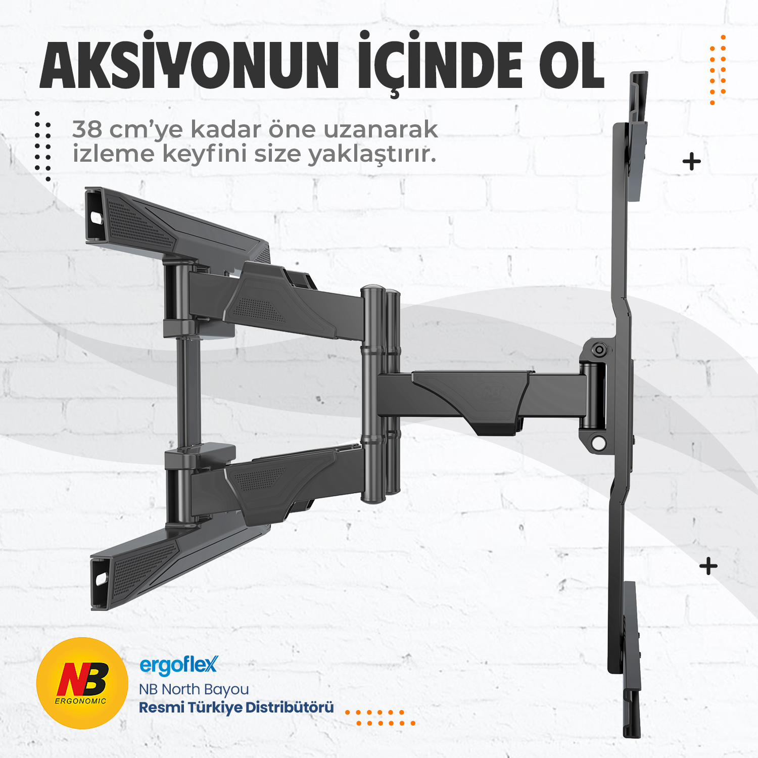 Çift mafsallı kollara sahip siyah monitör kolu, 38 cm'ye kadar uzanır.