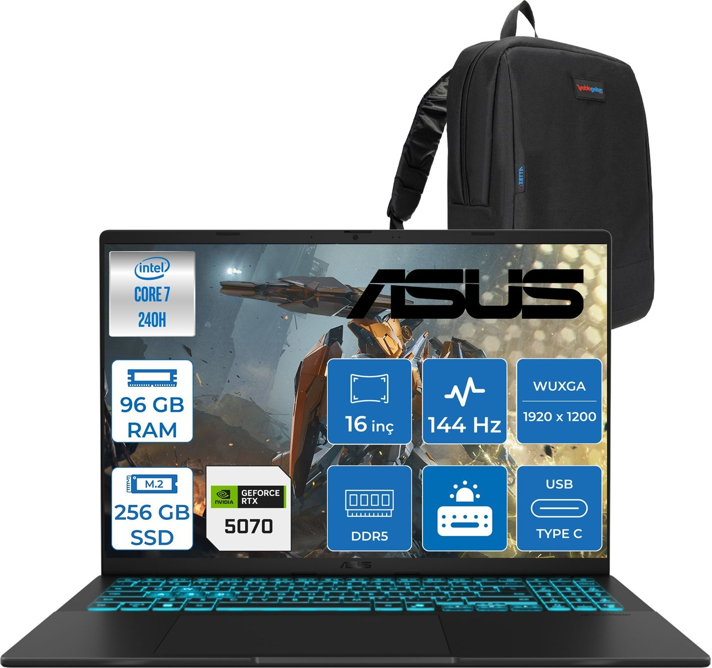 Intel Core i7, 96 GB RAM, 256 GB SSD, RTX 5070 ve sırt çantalı siyah dizüstü bilgisayar.