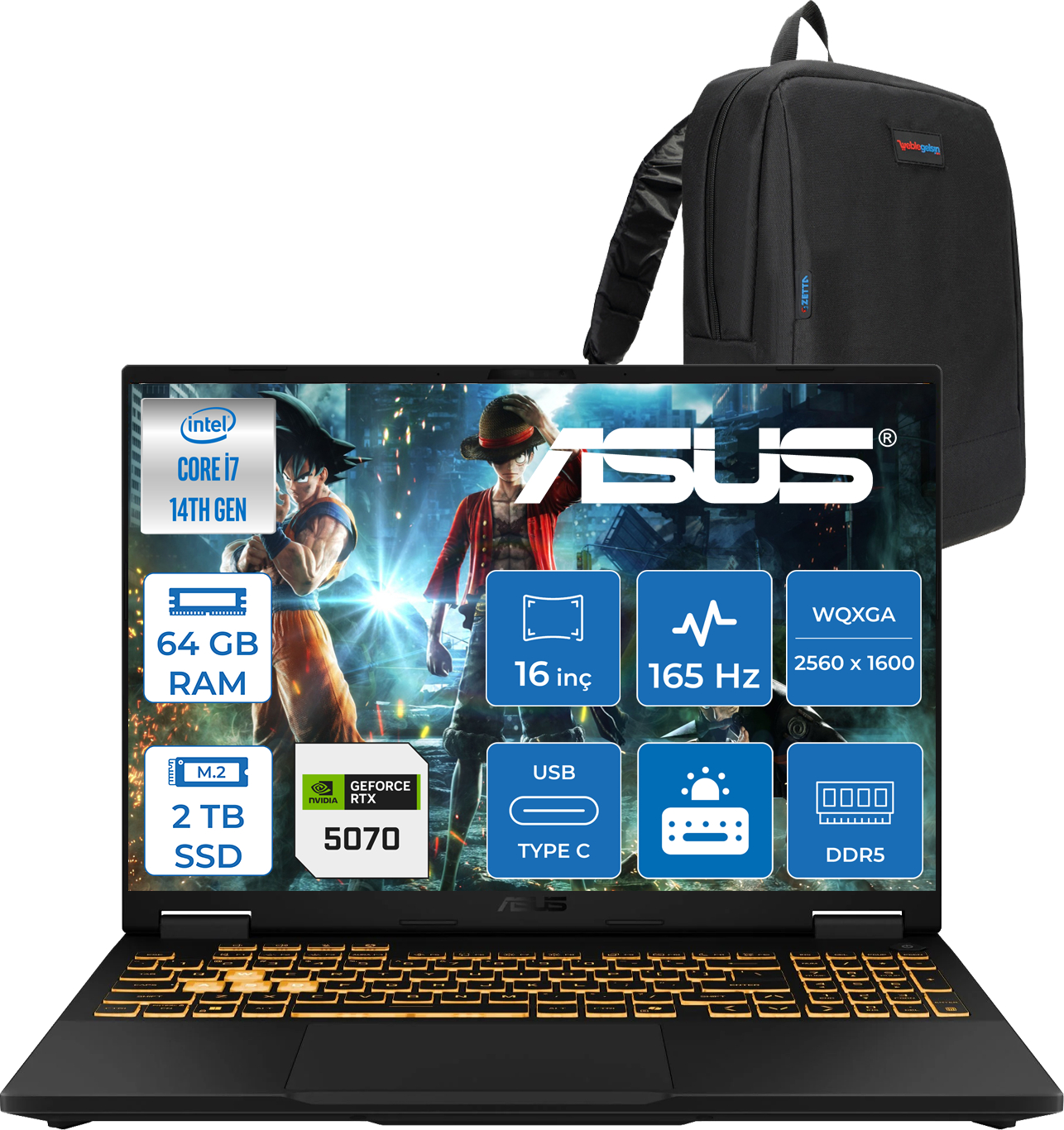 ASUS dizüstü bilgisayar, ekranda anime karakterleri, Intel Core i7, 64 GB RAM, 2 TB SSD, RTX 5070.