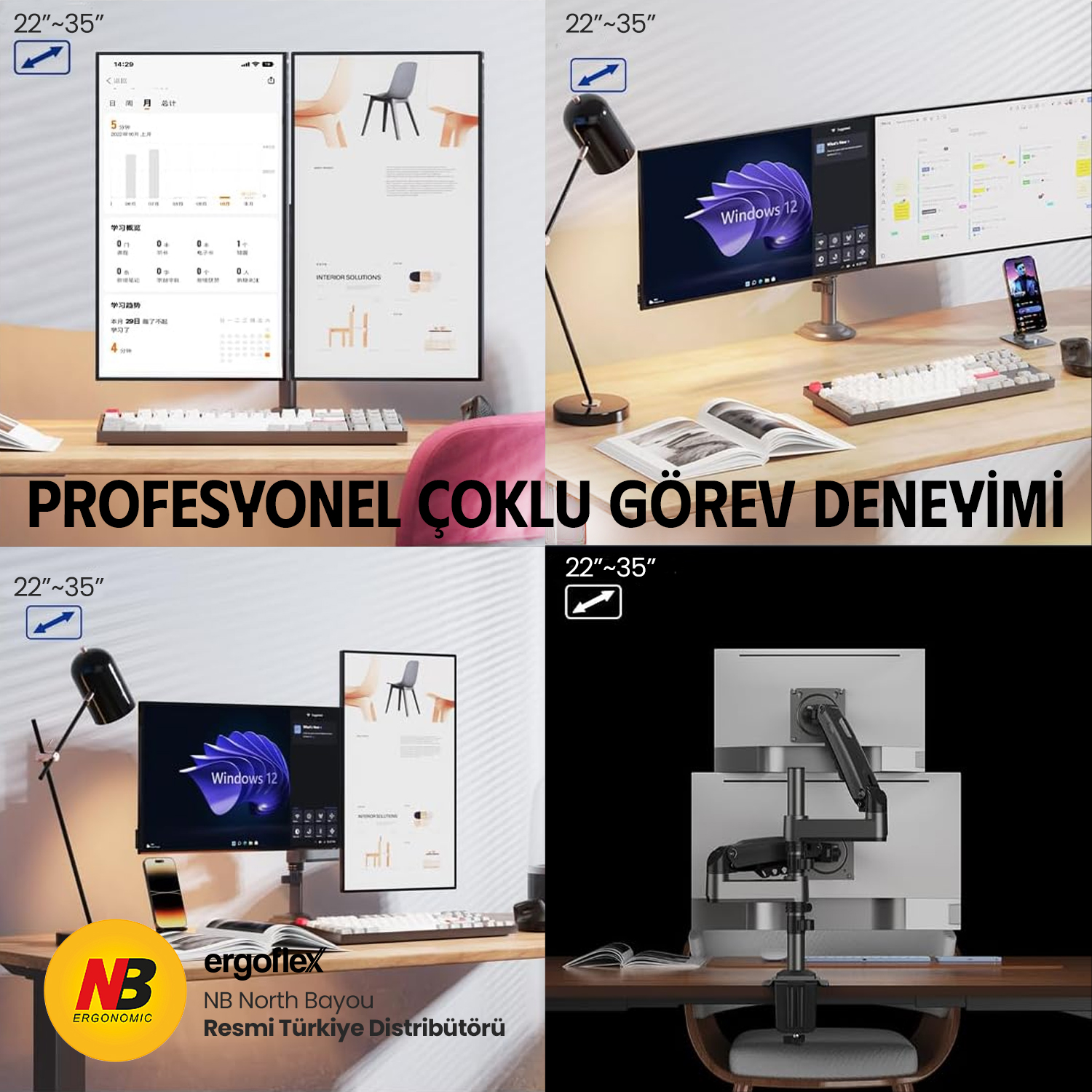 Çeşitli uygulamalar gösteren masalardaki dört bilgisayar monitörü.
