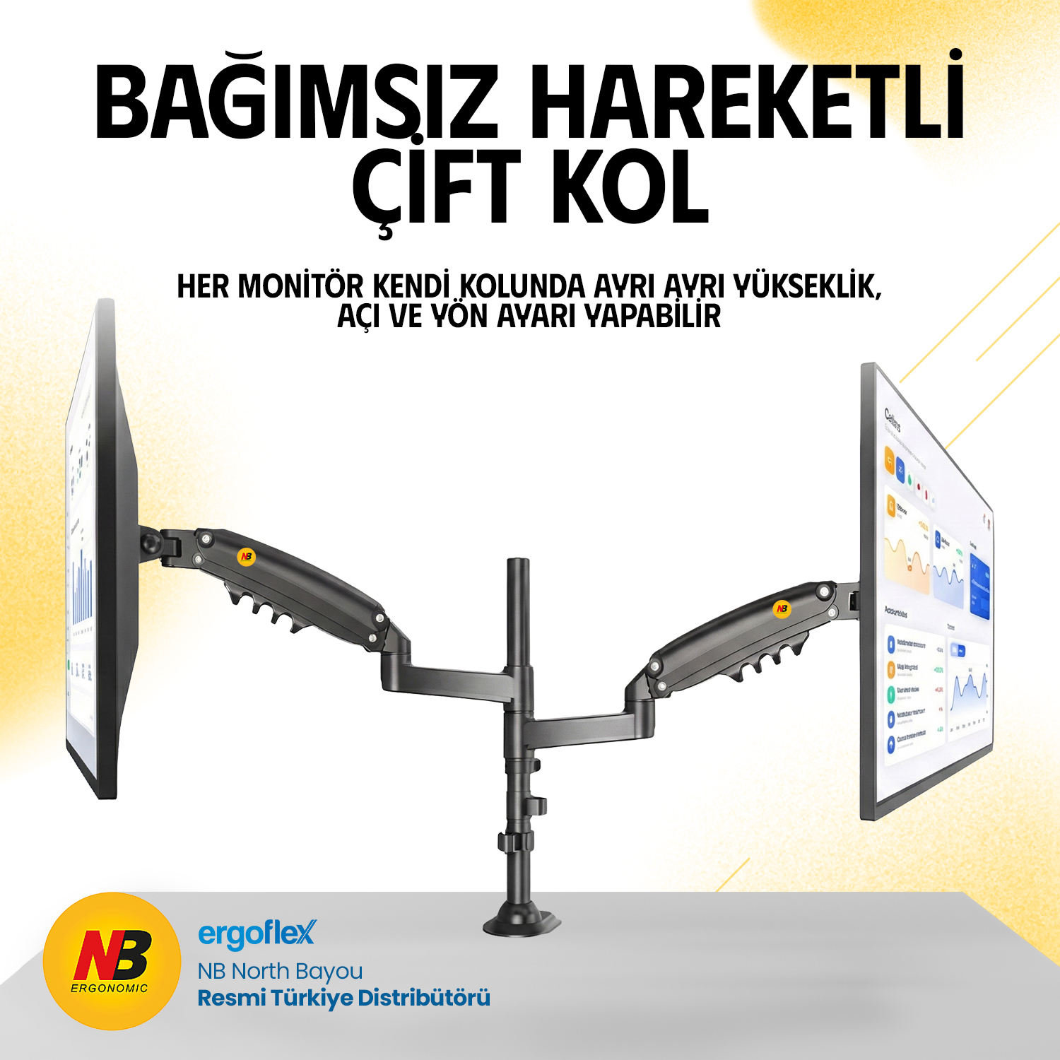 Veri gösteren iki monitöre sahip masanın üzerindeki siyah çift monitör kolu.