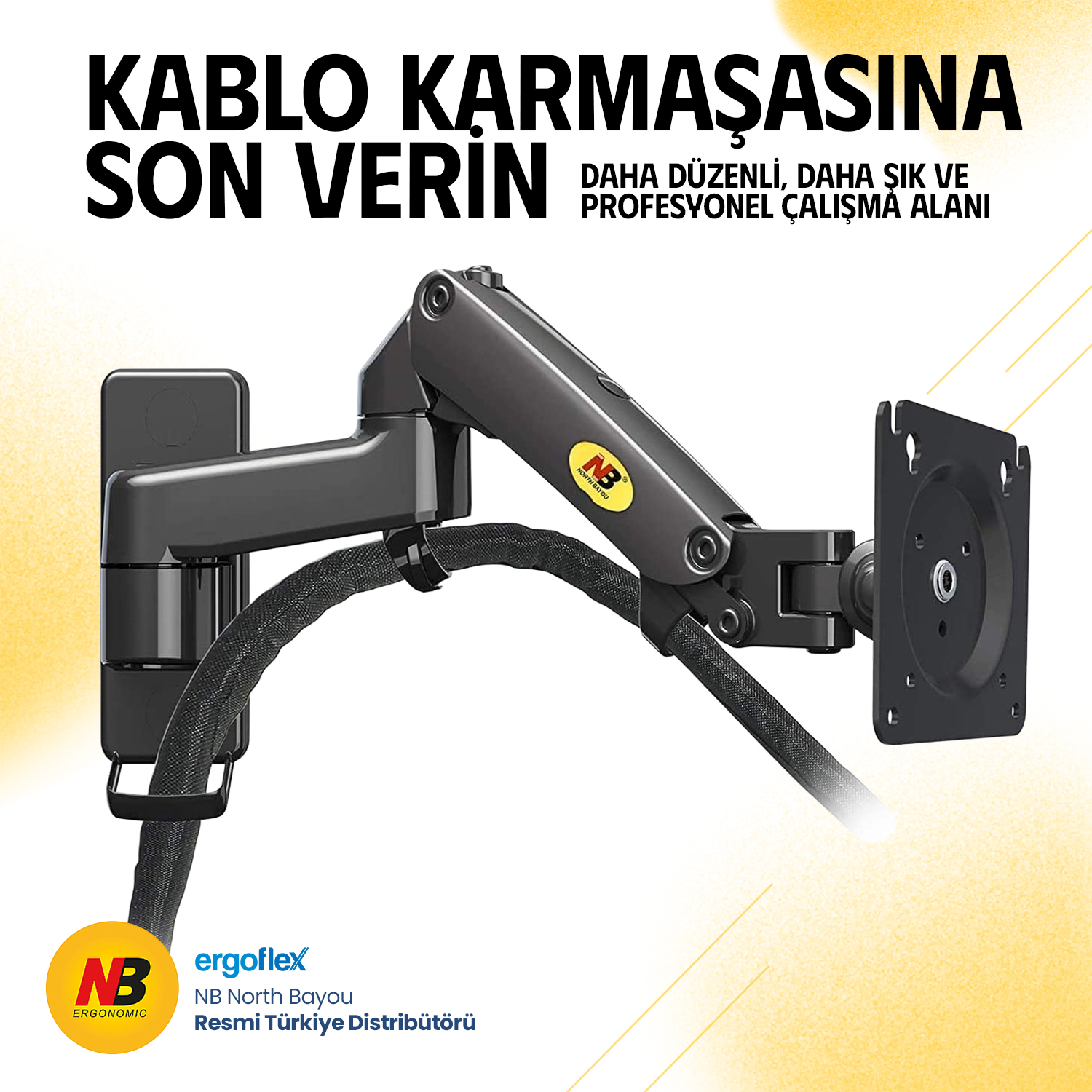 Açık renkli arka plan üzerinde kablo yönetimli siyah monitör kolu.