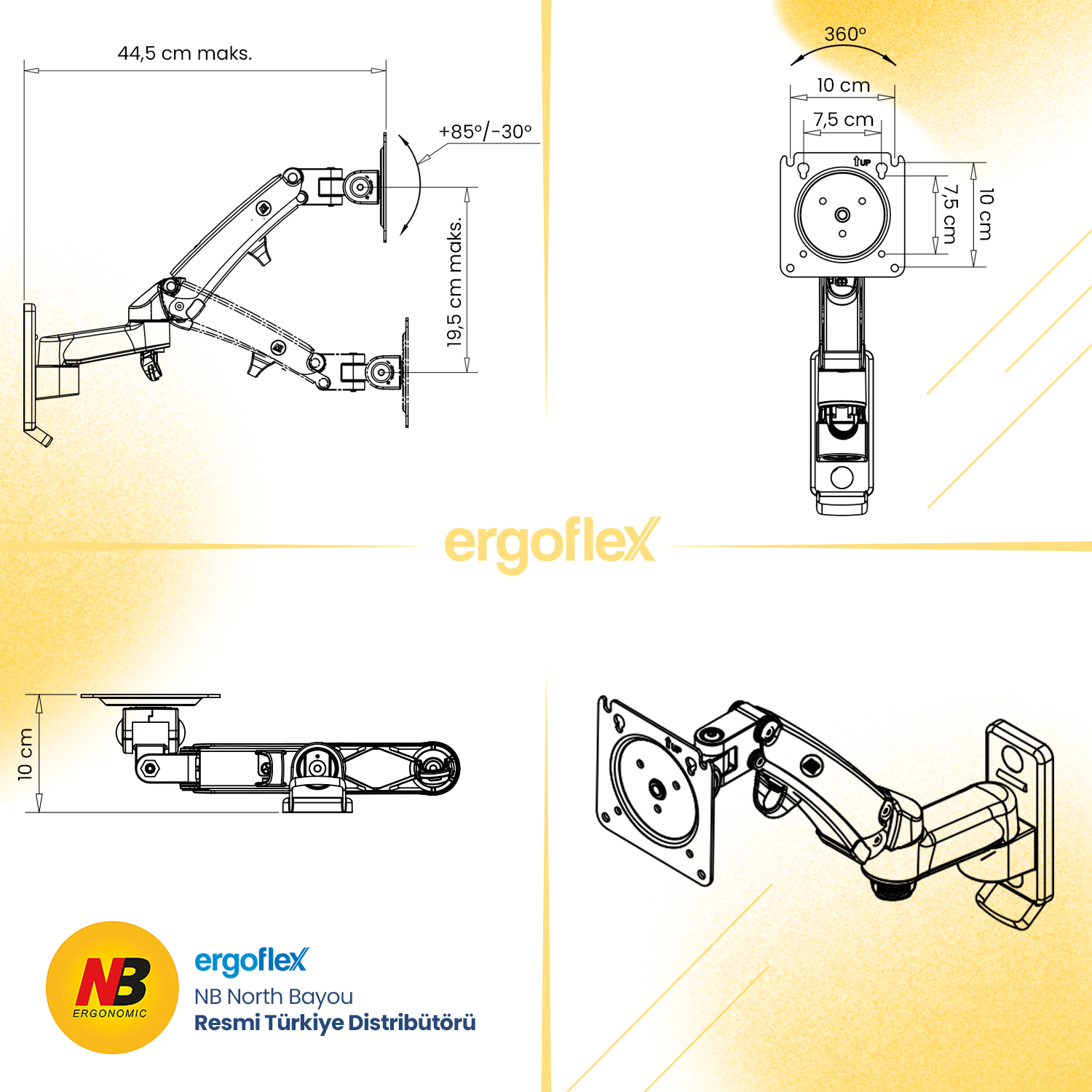 Monitör kolunun teknik çizimi, ölçüleri ve açıları ile.