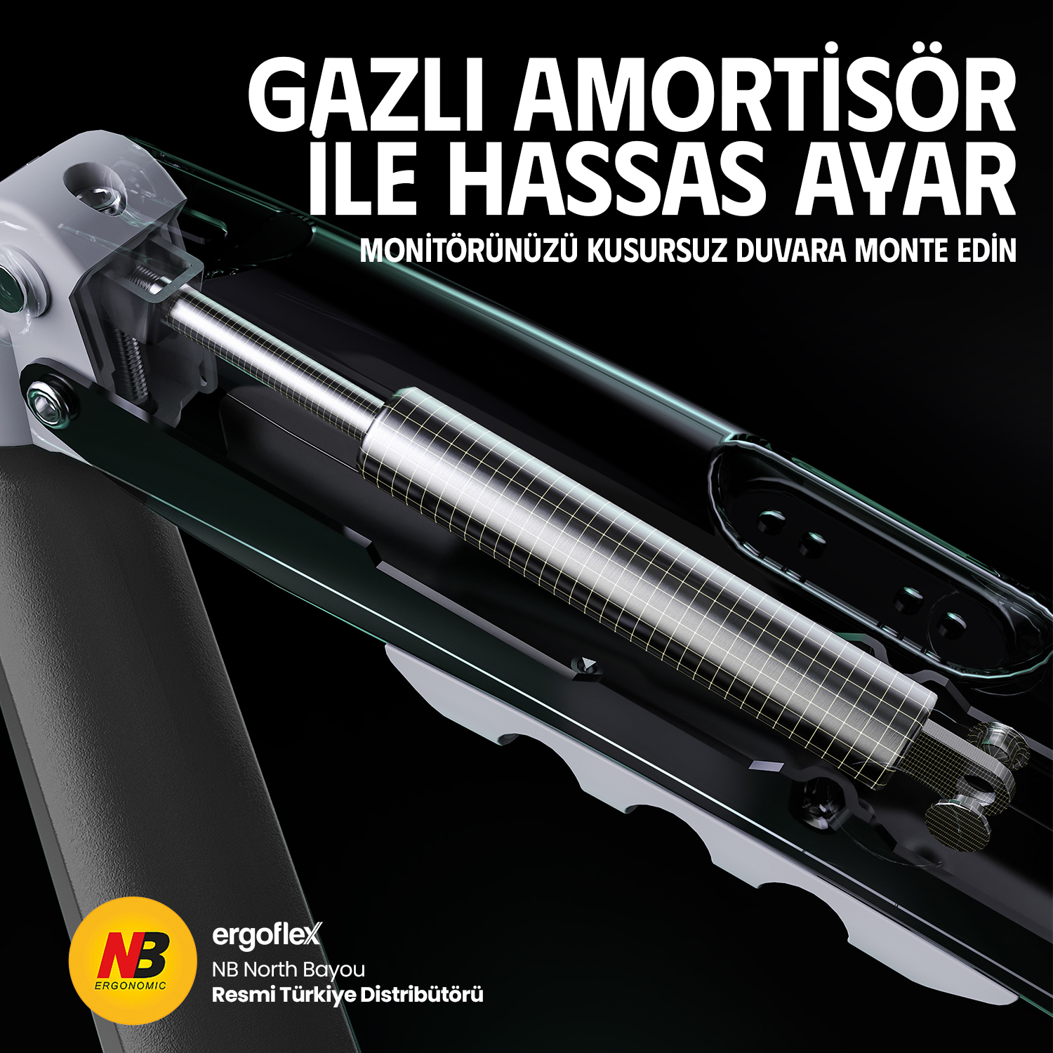 Izgara kaplamalı gazlı amortisörün yakın çekimi, monitör montaj mekanizmasını gösteriyor.
