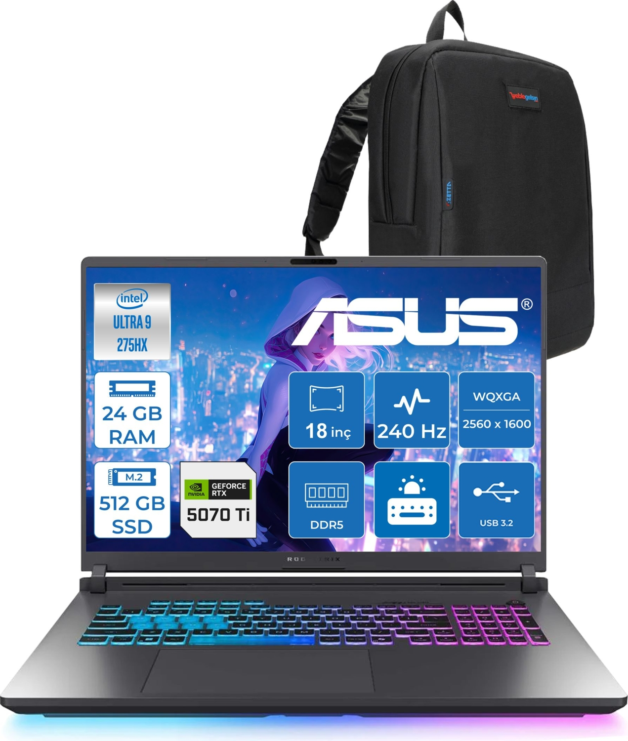 ASUS Rog Strix G18 12GB RTX5070Ti 175W 2.5K 3ms WS9156F01 Intel Core Ultra 9 275HX 24 GB RAM 512 GB SSD 18 inç FreeDOS Laptop+Çanta Siyah