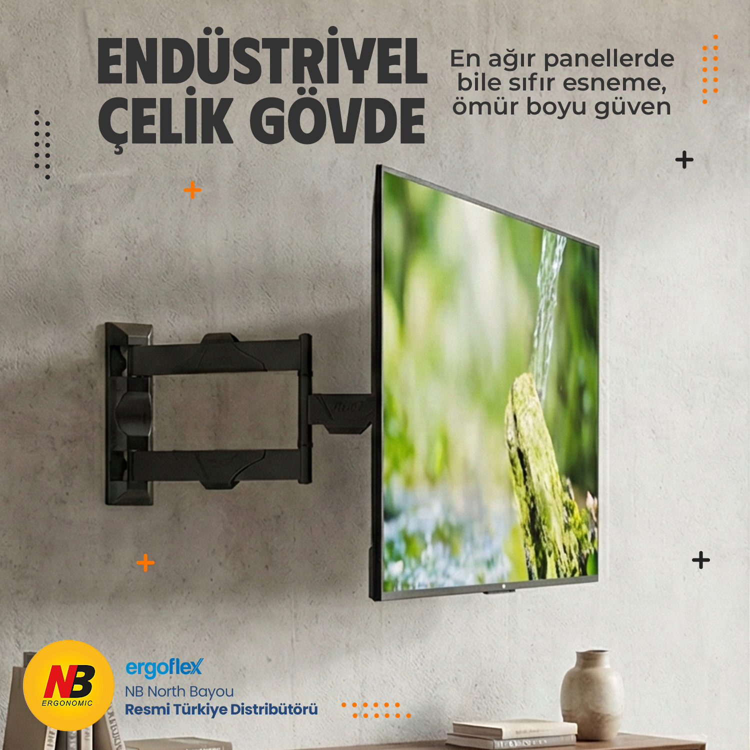 Televizyonlu duvarda siyah TV askısı.