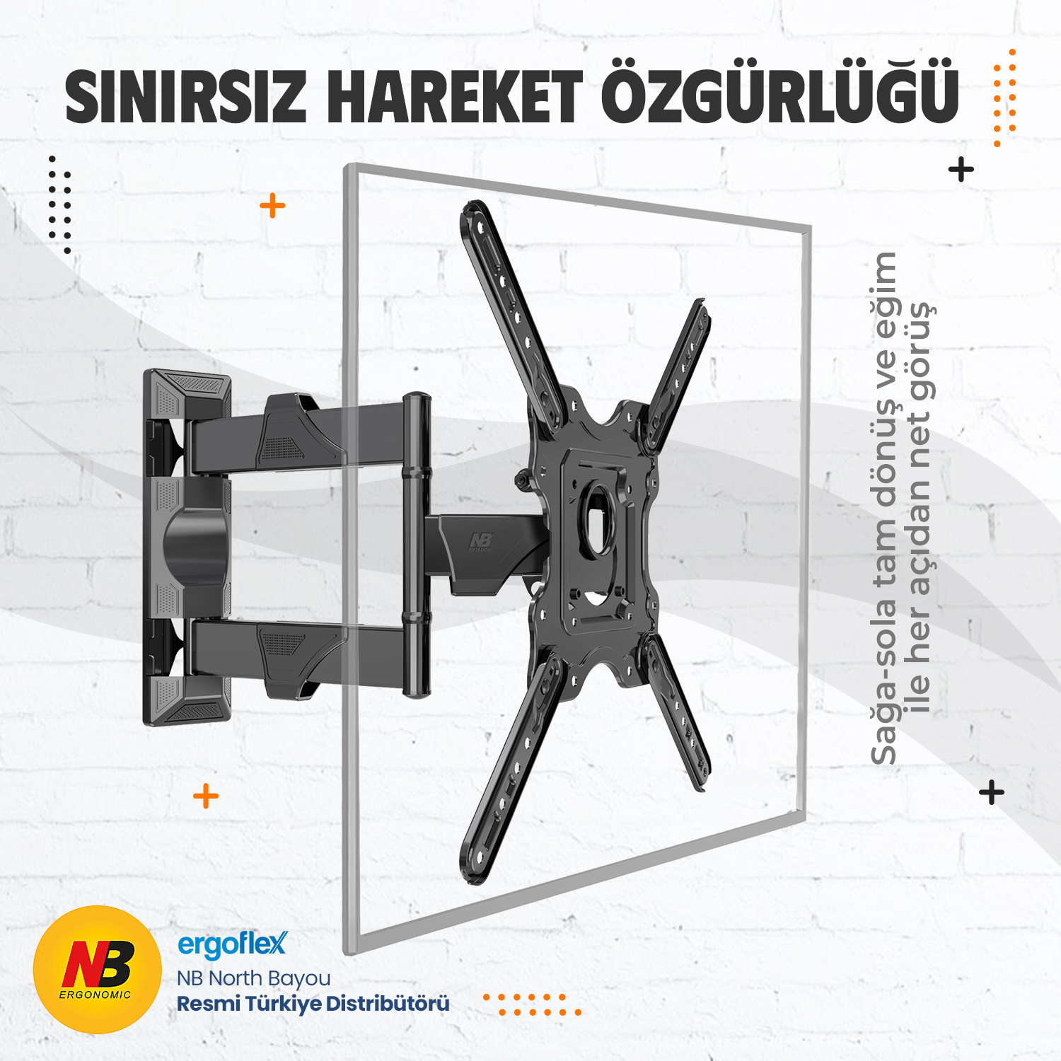 Stilize edilmiş bir duvara karşı mafsallı kollu siyah TV duvar askısı.