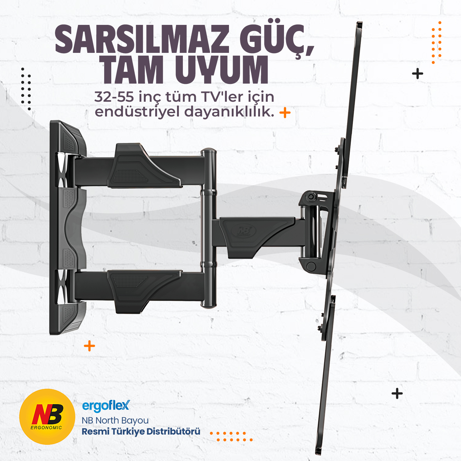 Beyaz tuğla duvara monte siyah ayarlanabilir TV askısı, metinli.